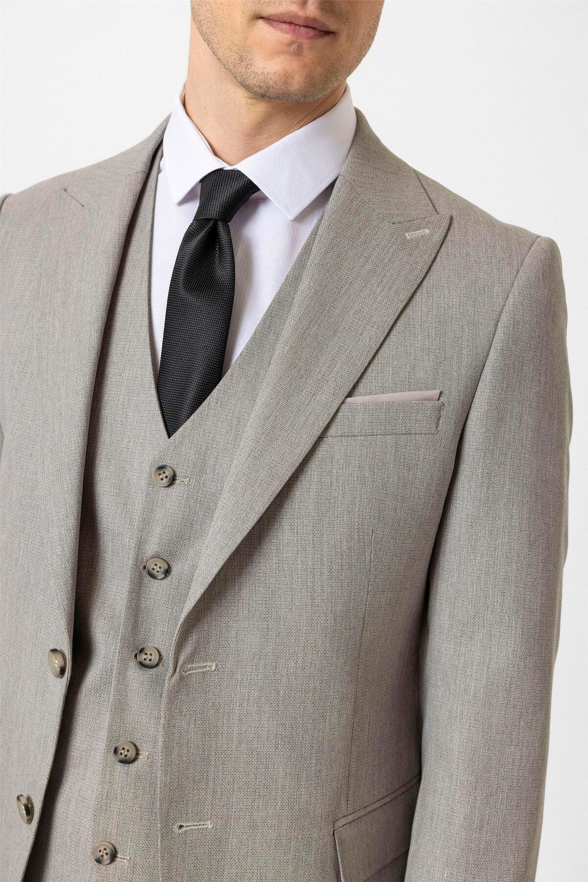 Süvari Ekru Slim Fit Desenli Sivri Yaka 6 Drop Yelekli Klasik Takım Elbi