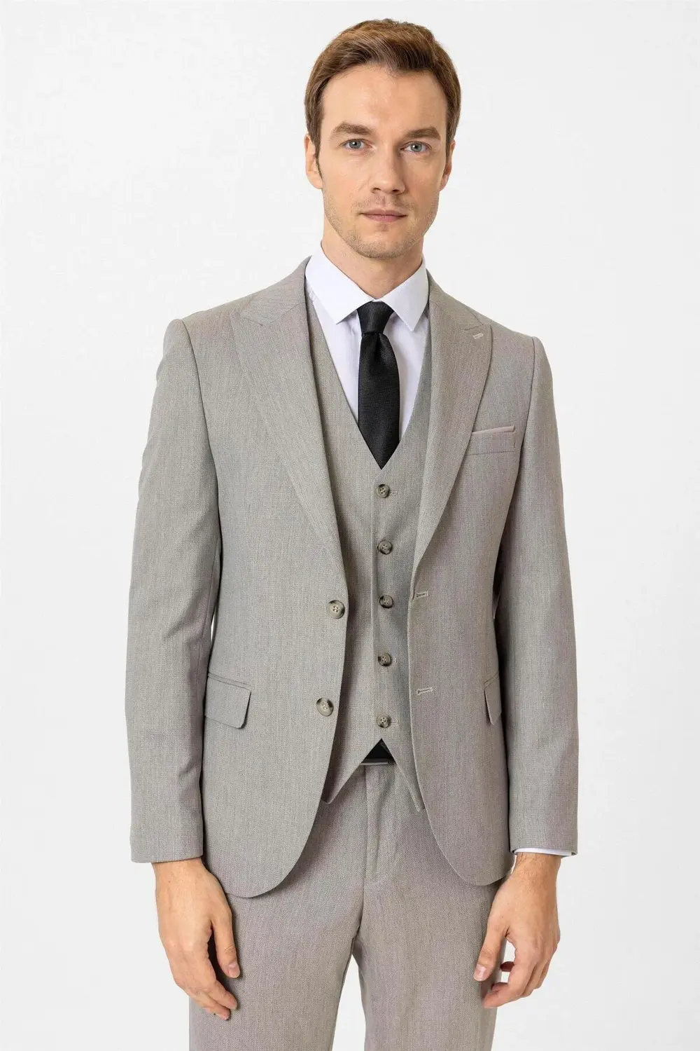 Süvari Ekru Slim Fit Desenli Sivri Yaka 6 Drop Yelekli Klasik Takım Elbi