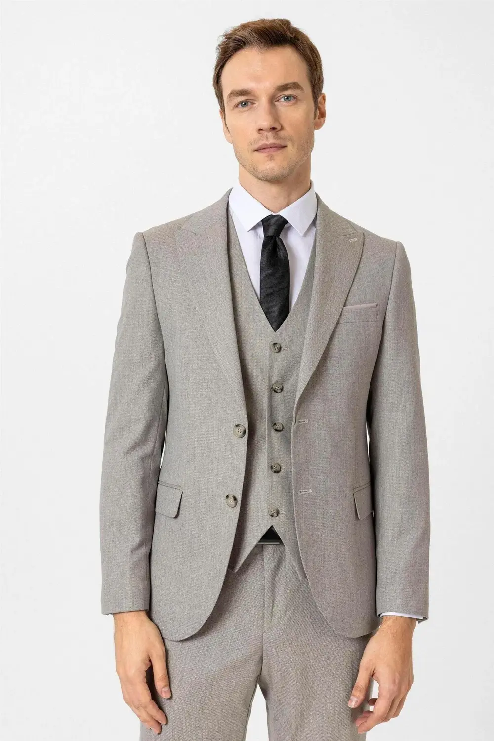 Süvari Ekru Slim Fit Desenli Sivri Yaka 6 Drop Yelekli Klasik Takım Elbi