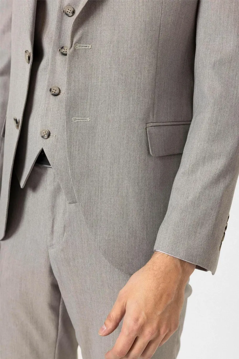 Süvari Ekru Slim Fit Desenli Sivri Yaka 6 Drop Yelekli Klasik Takım Elbi