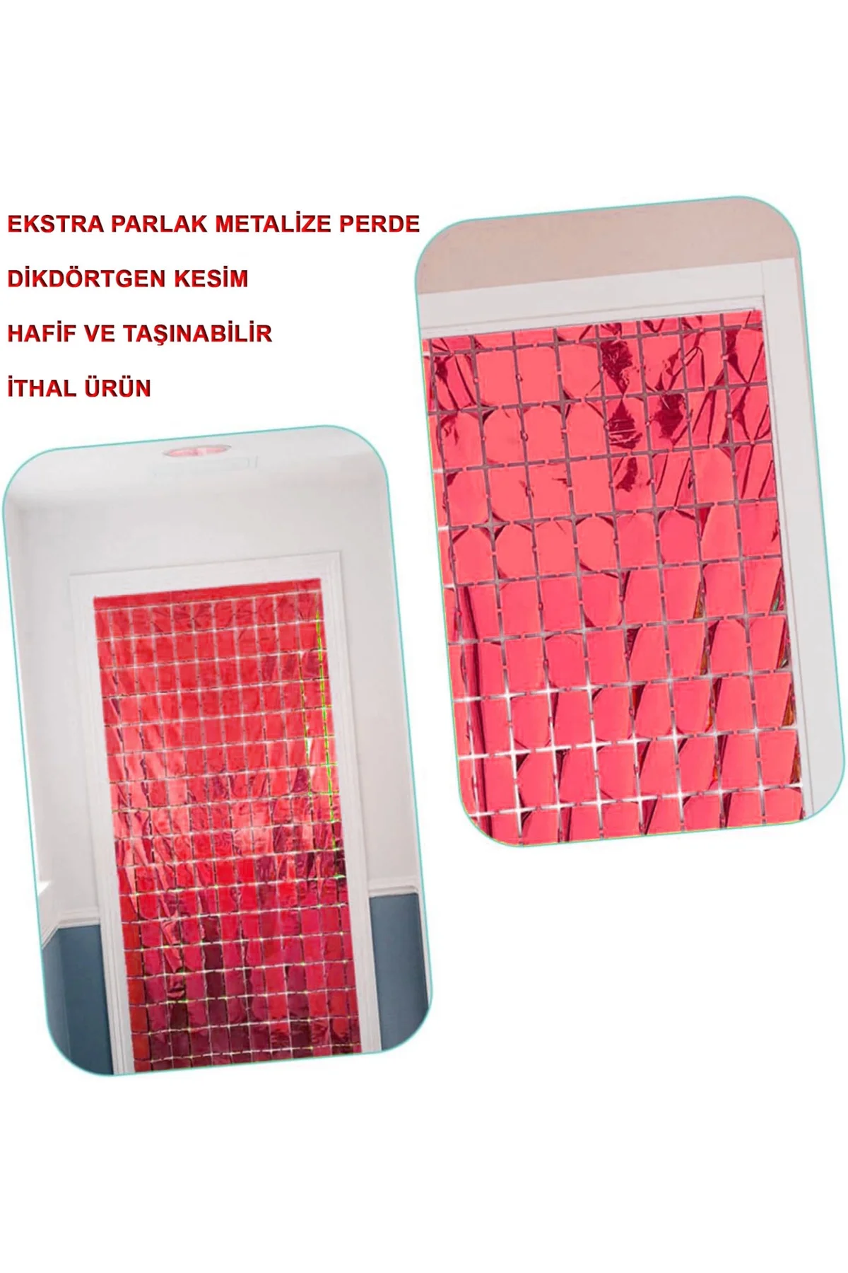 Ekstra Metalize Kırmızı Renk Disko Dikdörtgen Kesim Kapı Perdesi 