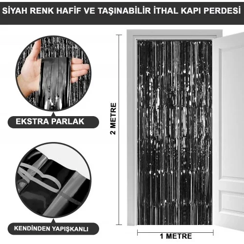 Ekstra Metalize Parlak Saçaklı Arka Fon Perde Siyah