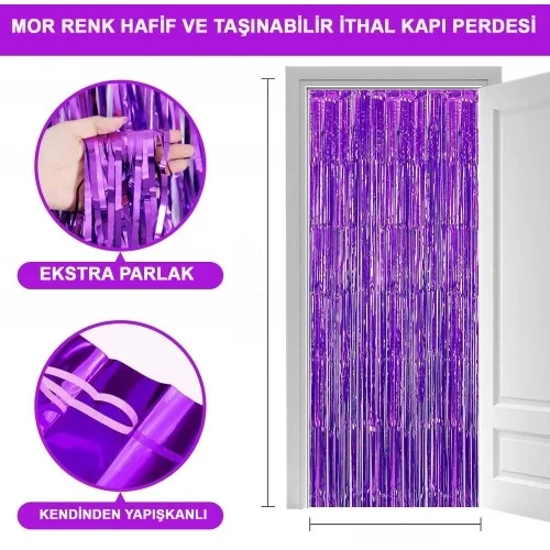 Ekstra Metalize Saçaklı Arka Fon Perde Mor