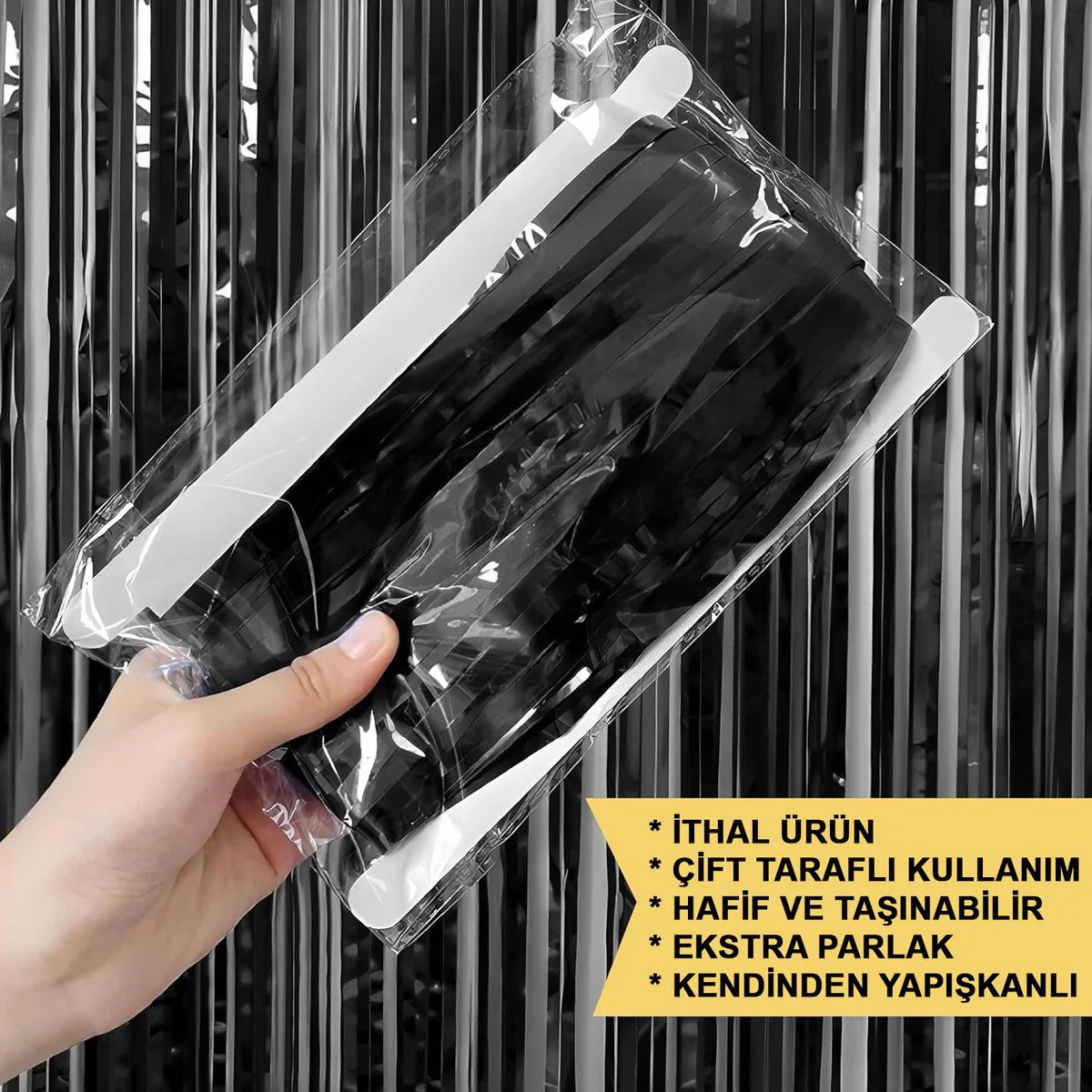 Ekstra Parlak Siyah Metalize Saçaklı Arka Fon Perde Ekstra Parlak Siyah Metalize Saçaklı Arka Fon Perde