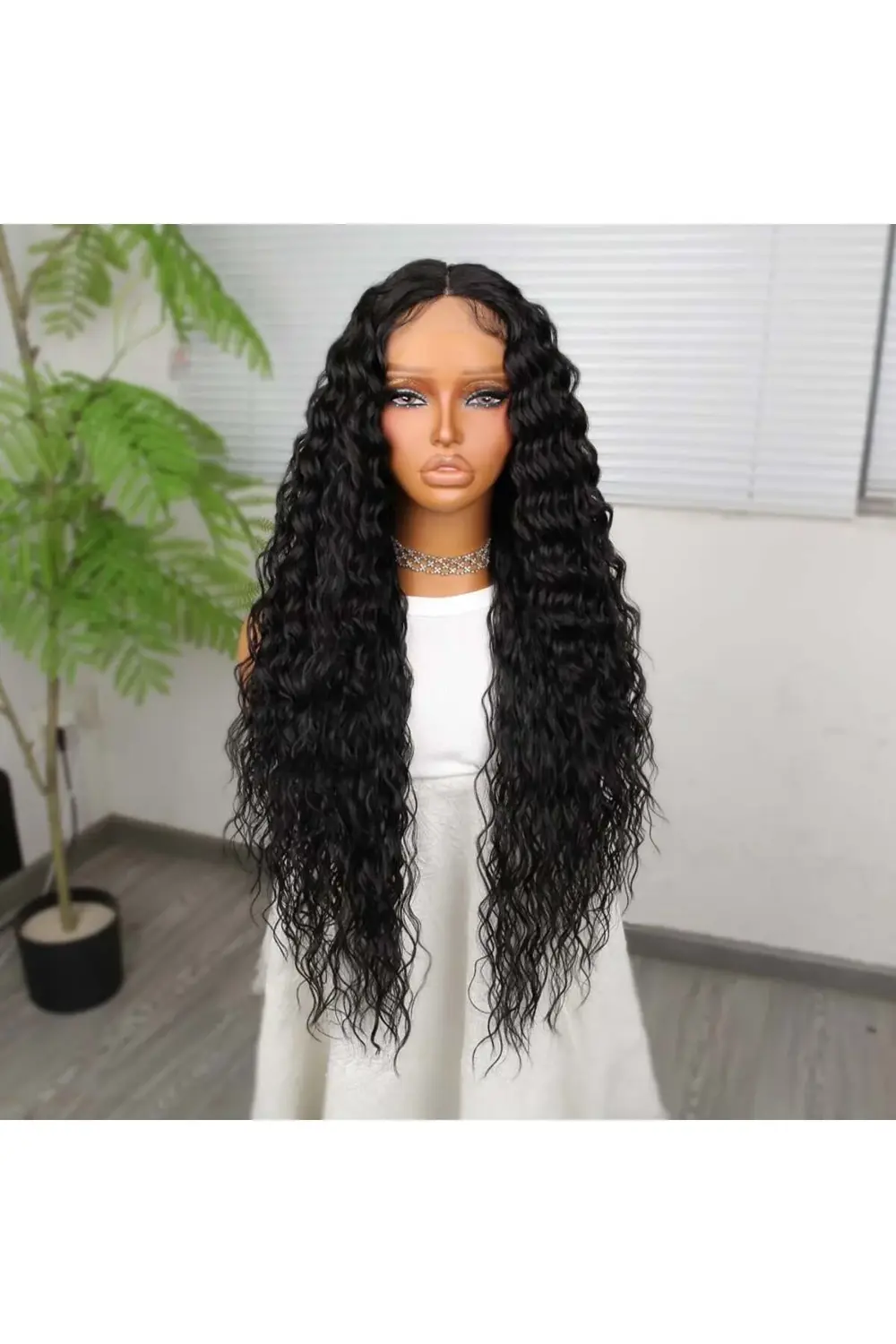 Ekstra Uzun Yoğun Afro Dalga Siyah Fiber Sentetik Geniş T Tül Per