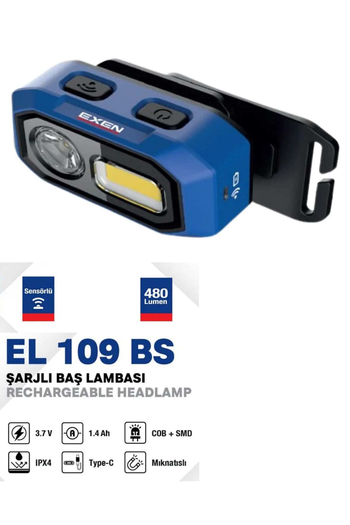 EL 109 BS - 3.7V 1.4Ah 480 Lümen Şarjlı Baş Lambası