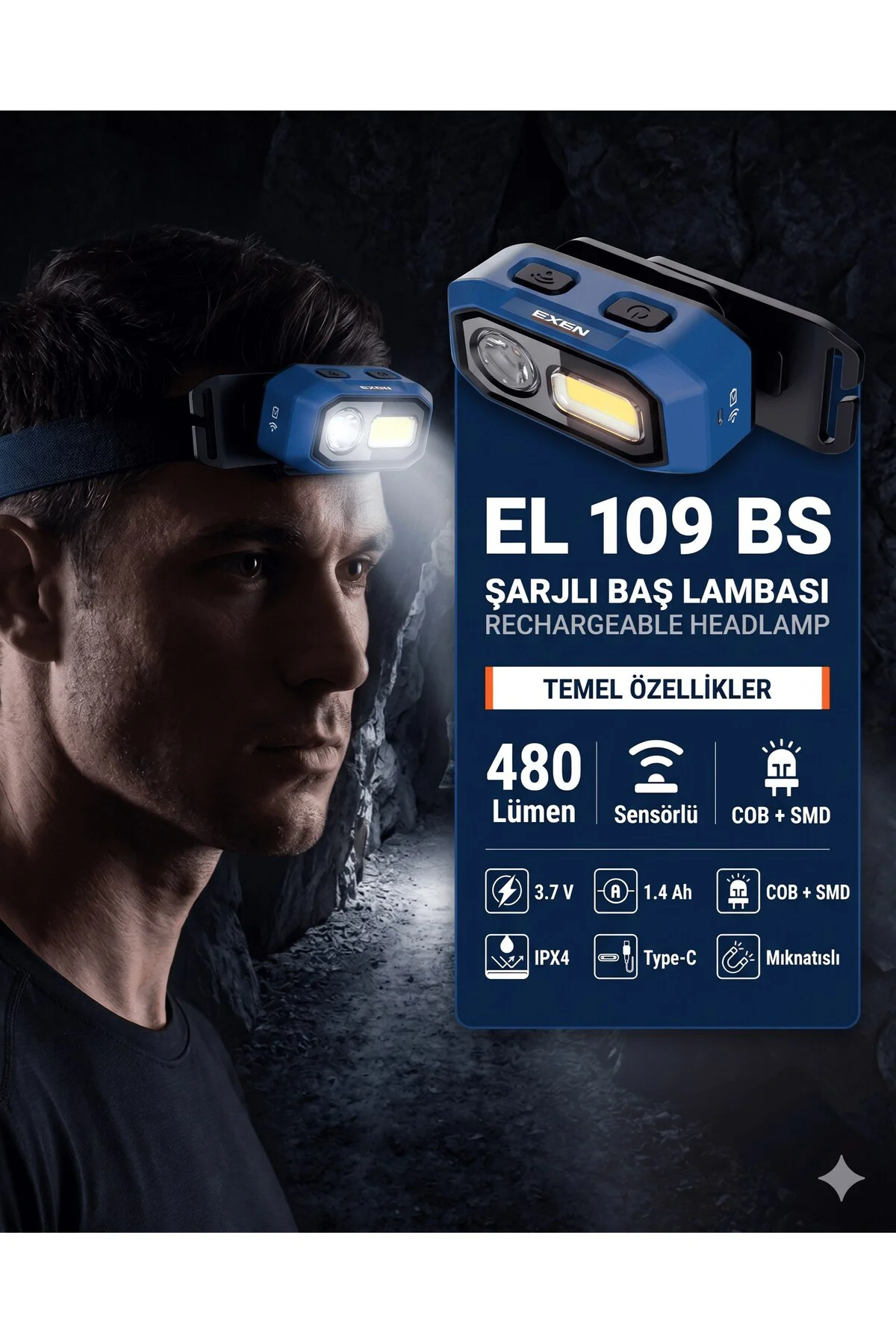 EL 109 BS - 3.7V 1.4Ah 480 Lümen Şarjlı Baş Lambası