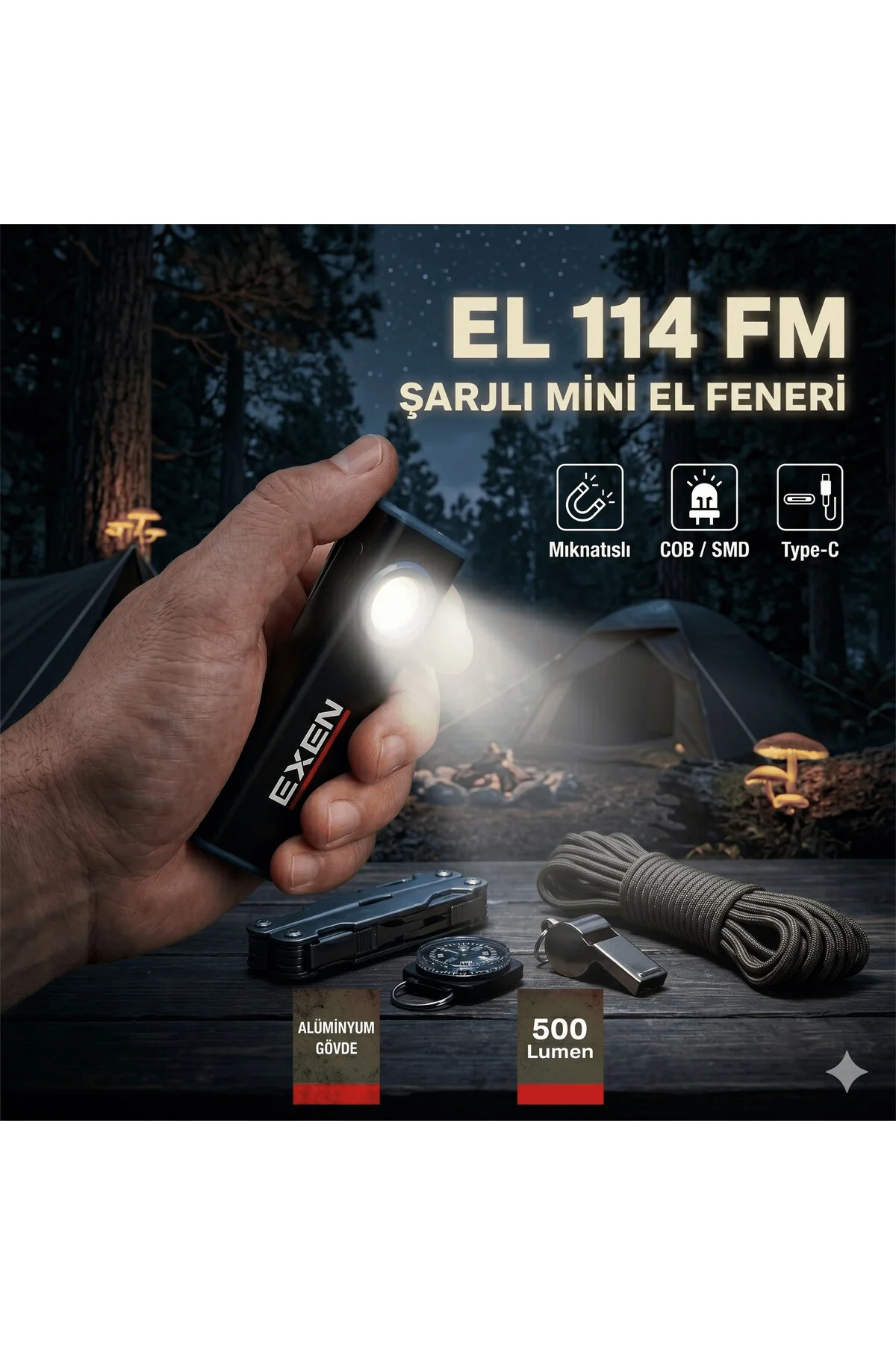 EL 114 FM - 3.7V 1.2Ah 500 Lümen Şarjlı Mini Tip El Feneri