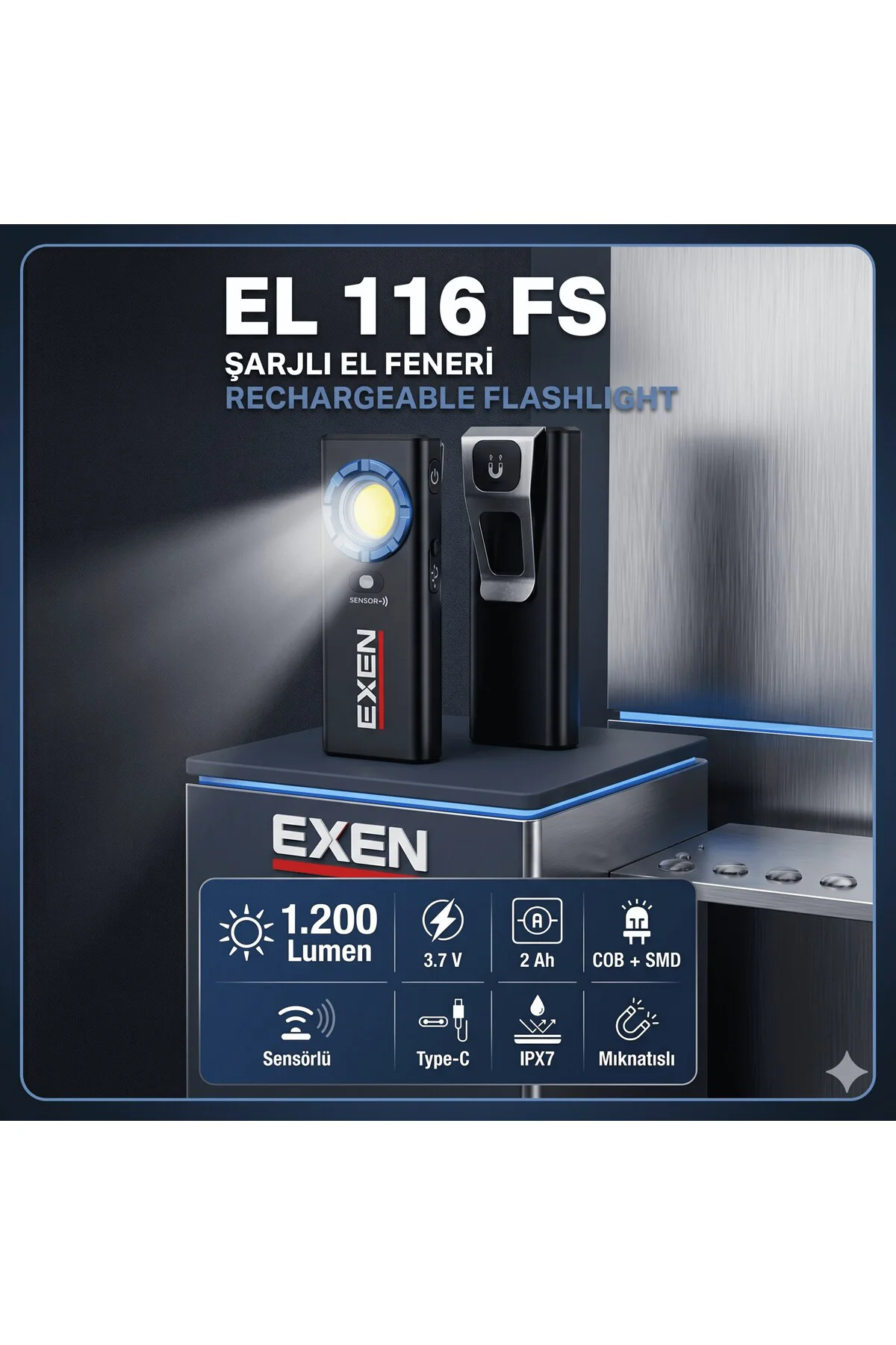 EL 116 FS - 3.7V 2Ah 1.200 Lümen Şarjlı Slim Tip El Feneri
