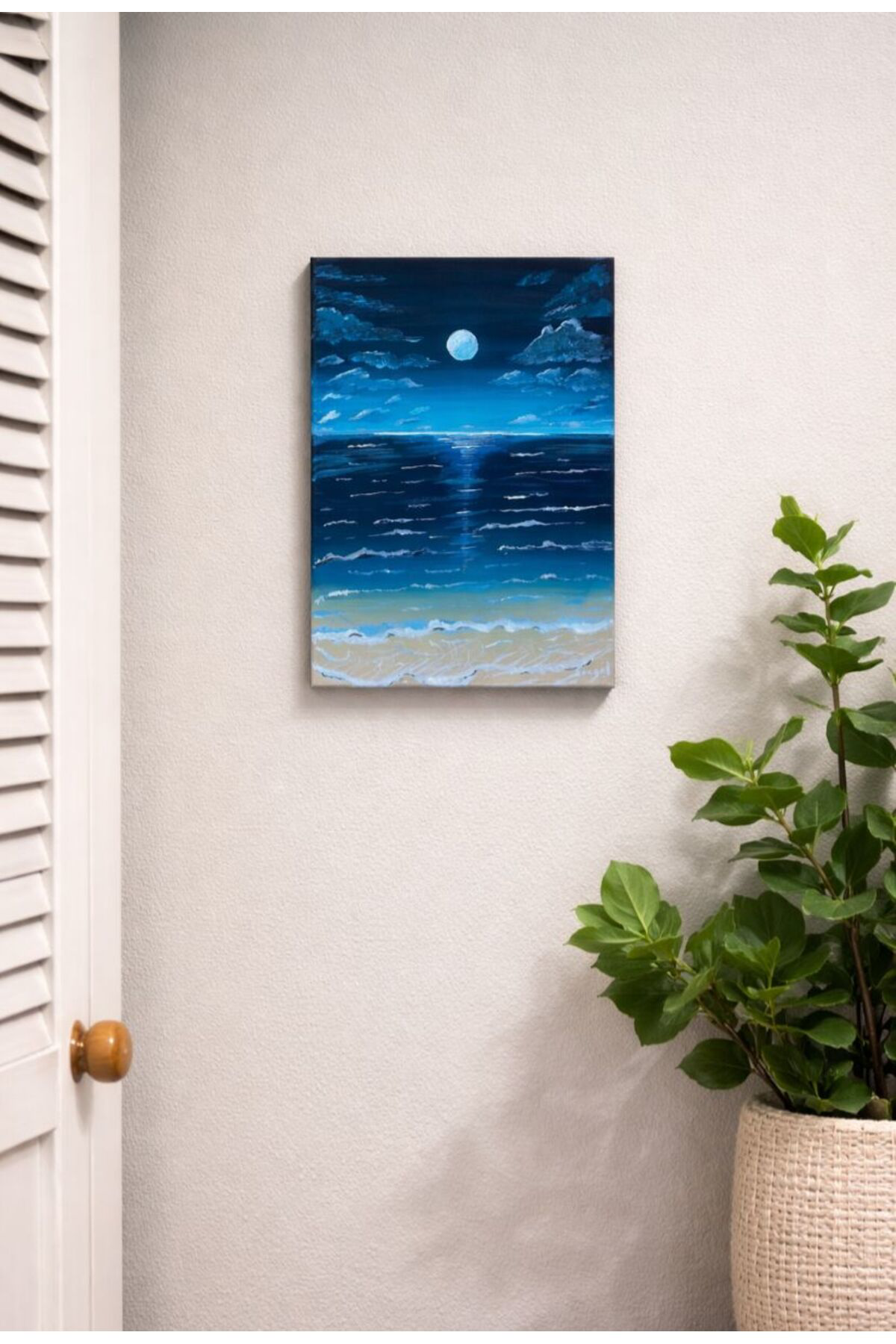 El Boyaması Akrilik Tablo -Gece ve Deniz Manzaralı Modern Sanat (