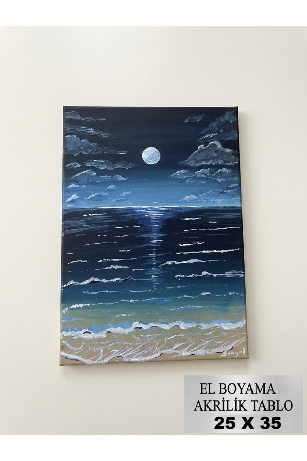 El Boyaması Akrilik Tablo -Gece ve Deniz Manzaralı Modern Sanat (