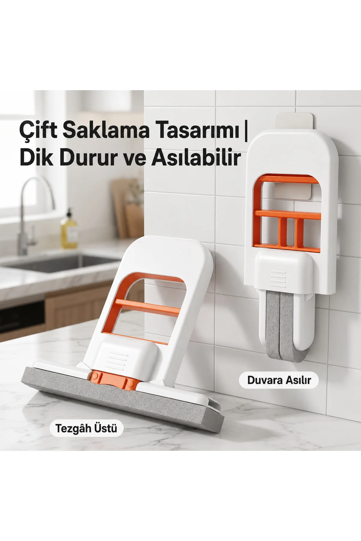 El Değmeden Sıkmalı Tezgah Üstü Mini Mop – Katlanabilir Süngerli Mutfak, Lavabo, Cam, Fayans ve Tezgâh Temizleme Aparatı