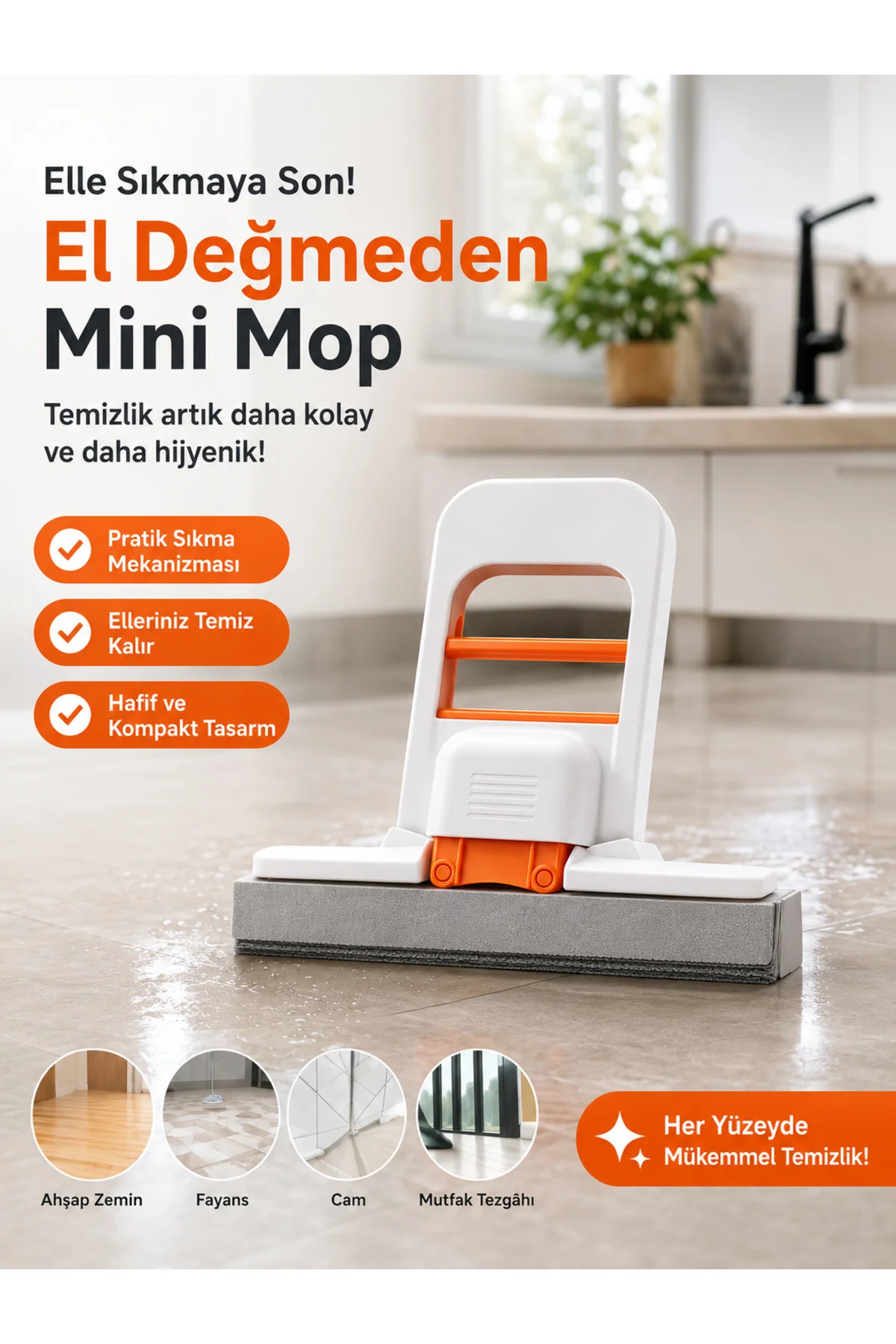 El Değmeden Sıkmalı Tezgah Üstü Mini Mop – Katlanabilir Süngerli Mutfak, Lavabo, Cam, Fayans ve Tezgâh Temizleme Aparatı