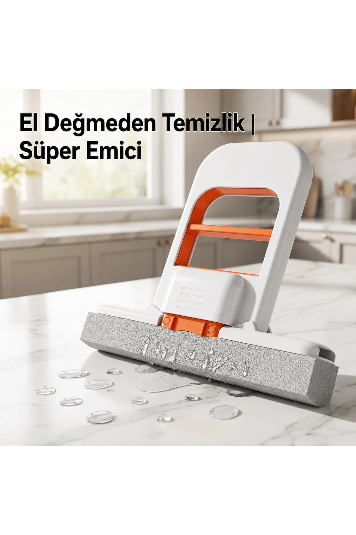El Değmeden Sıkmalı Tezgah Üstü Mini Mop – Katlanabilir Süngerli Mutfak, Lavabo, Cam, Fayans ve Tezgâh Temizleme Aparatı
