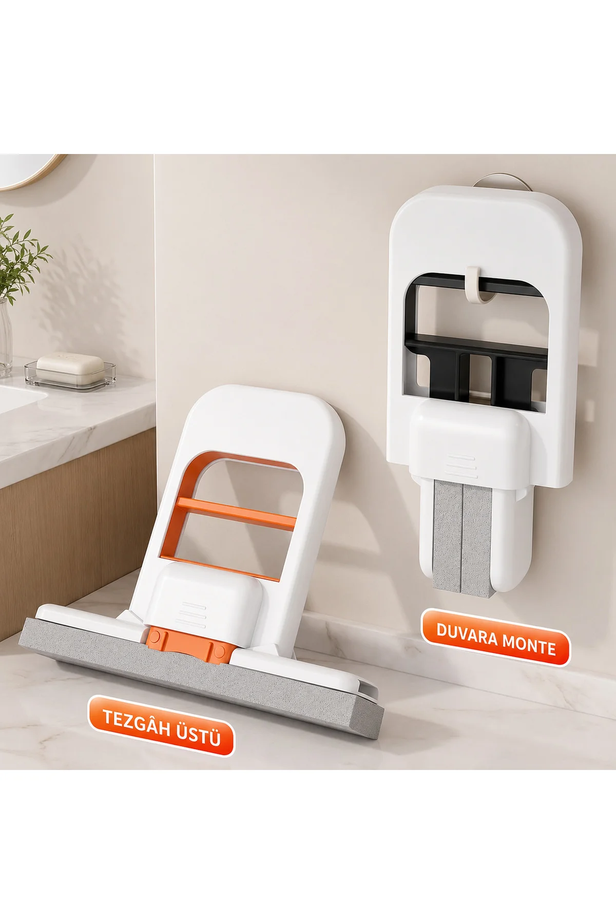 El Değmeden Sıkmalı Tezgah Üstü Mini Mop – Katlanabilir Süngerli Mutfak, Lavabo, Cam, Fayans ve Tezgâh Temizleme Aparatı
