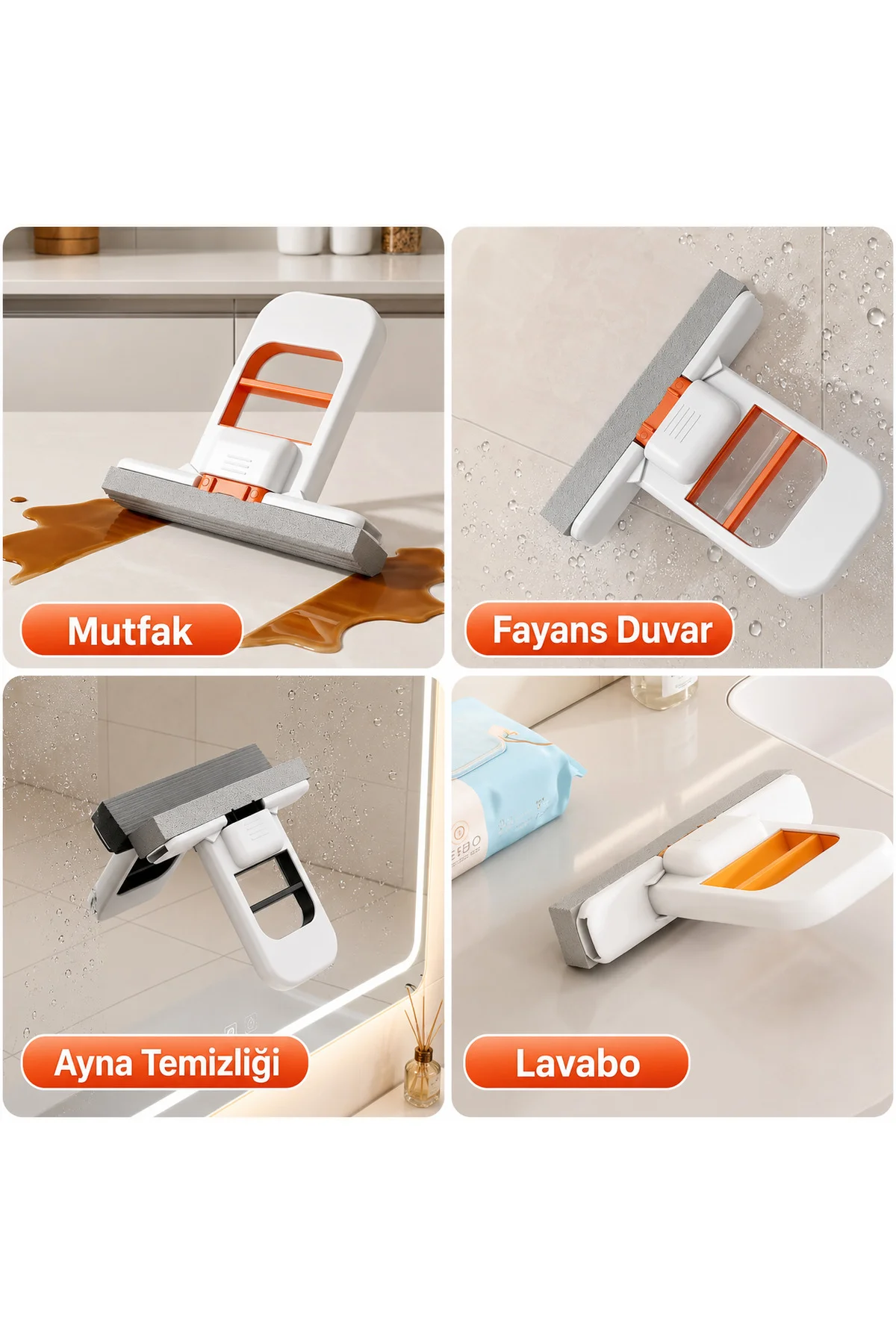 El Değmeden Sıkmalı Tezgah Üstü Mini Mop – Katlanabilir Süngerli Mutfak, Lavabo, Cam, Fayans ve Tezgâh Temizleme Aparatı