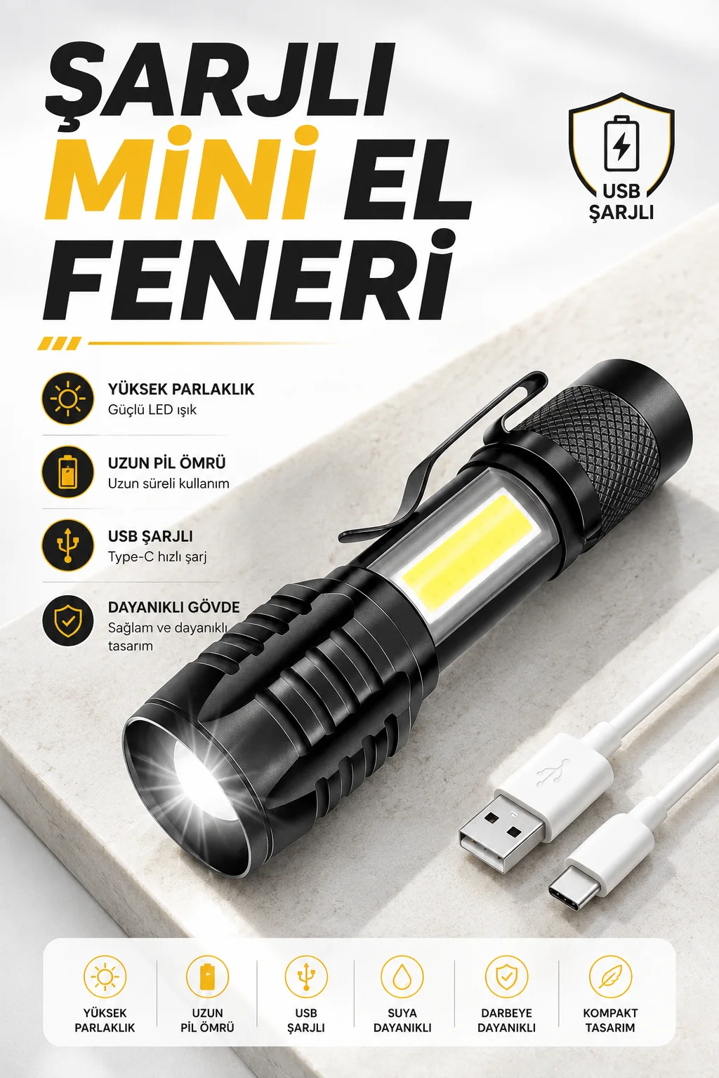 El Feneri Led USB Şarjlı Zoom Mini Led Işık Acil Durum Feneri El Feneri Led USB Şarjlı Zoom Mini Led Işık Acil Durum Feneri
