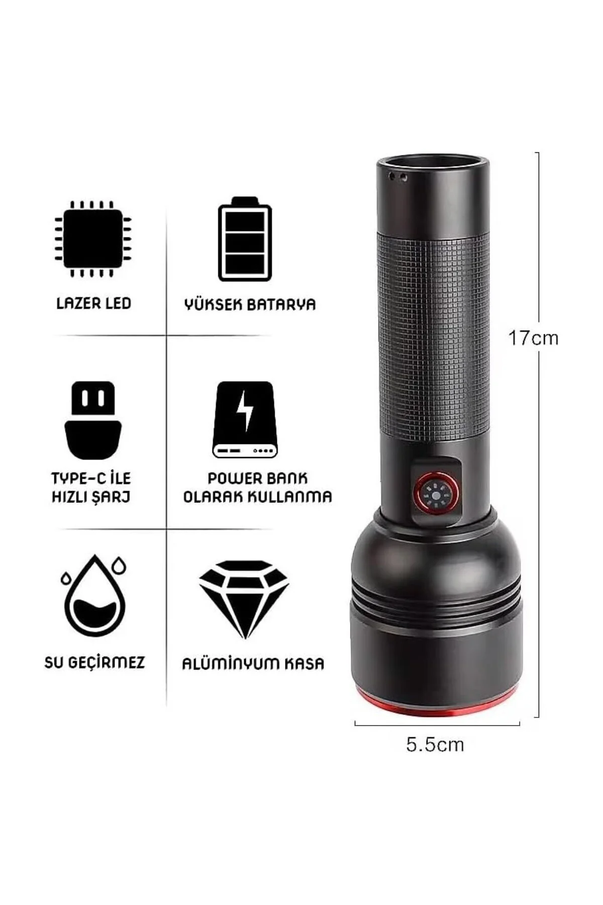 EL Feneri Sarjlı Metal Fener 20W Şarjlı Metal Uzun Menzilli El Fe