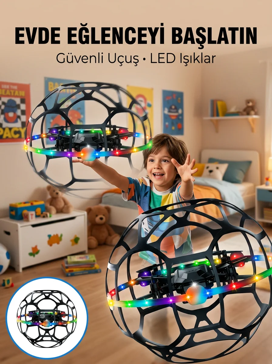 El Hareketi Kontrollü Futbol Topu Tasarımlı Drone LED Işıklı