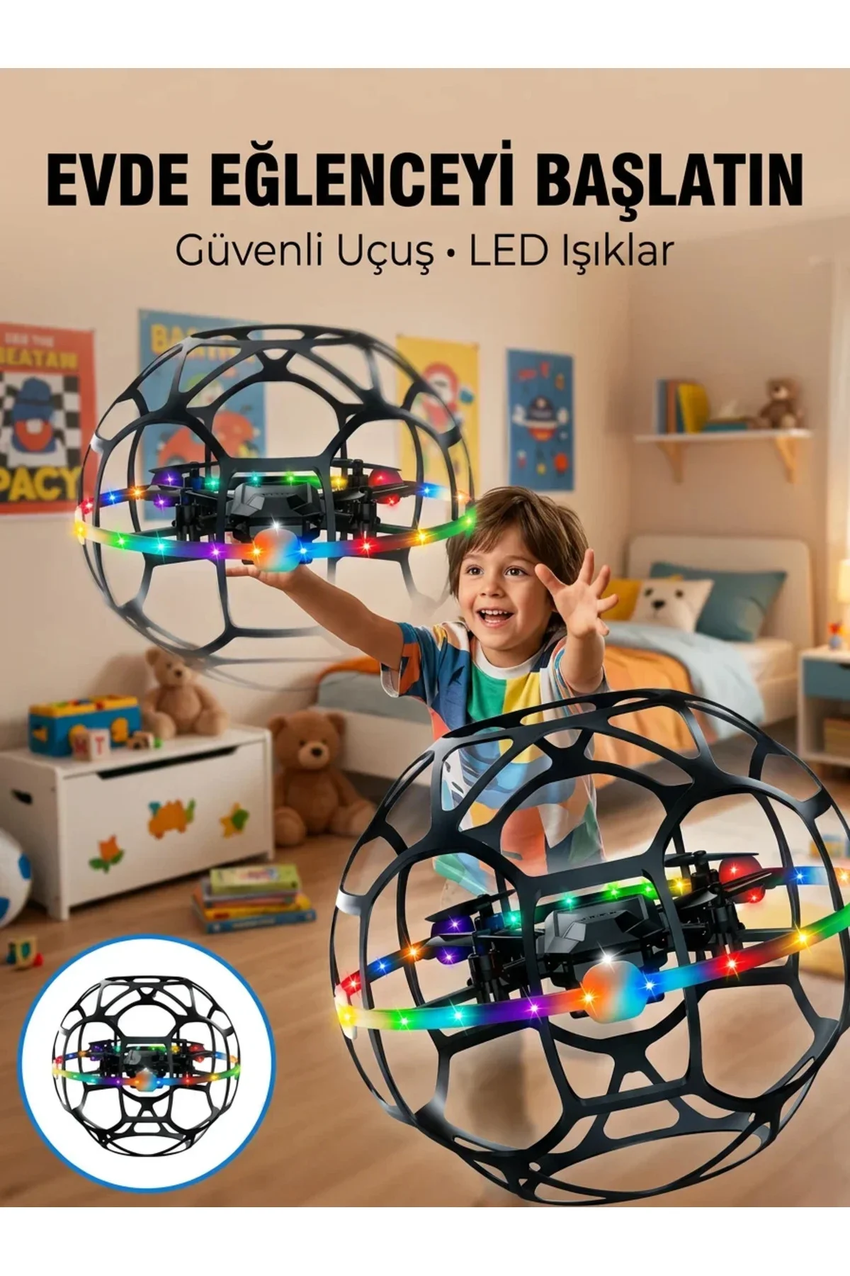 El Hareketi Kontrollü Futbol Topu Tasarımlı Drone LED Işıklı