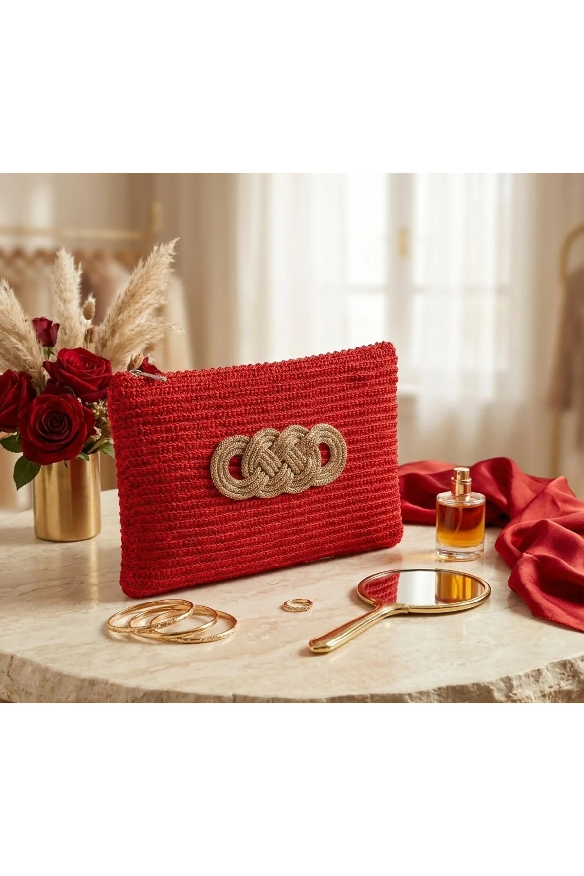 El Örgüsü Kırmızı Clutch Portföy Çanta