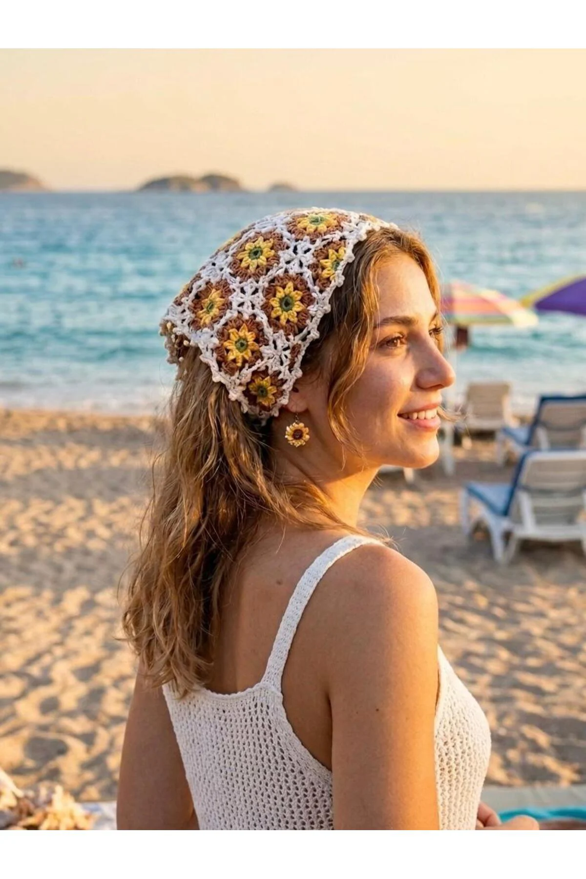 El Örgüsü Organik Koton Ayçiçeği Desenli Örgü Bandana