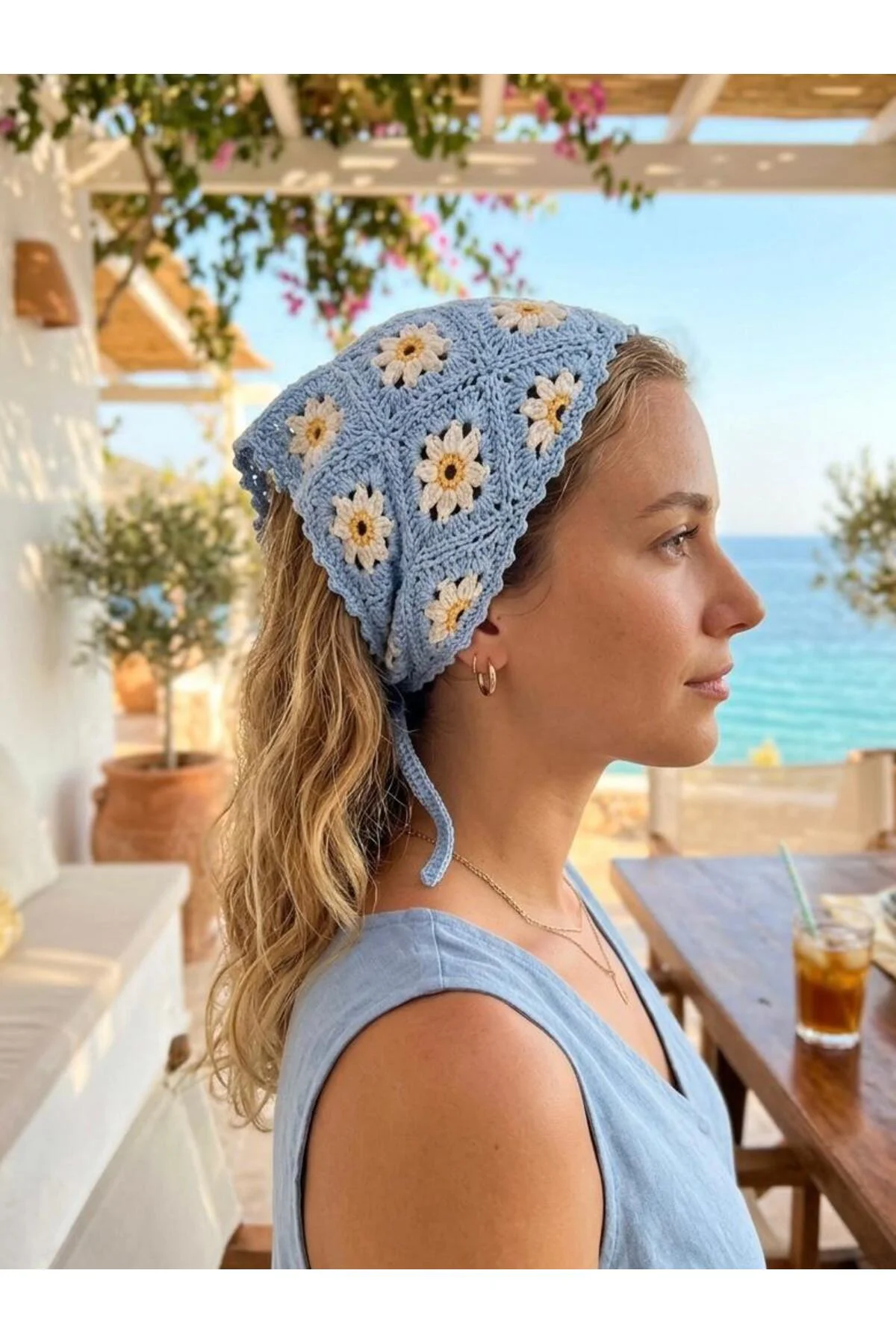 El Örgüsü Organik Koton Mavi Renk Örgü Bandana