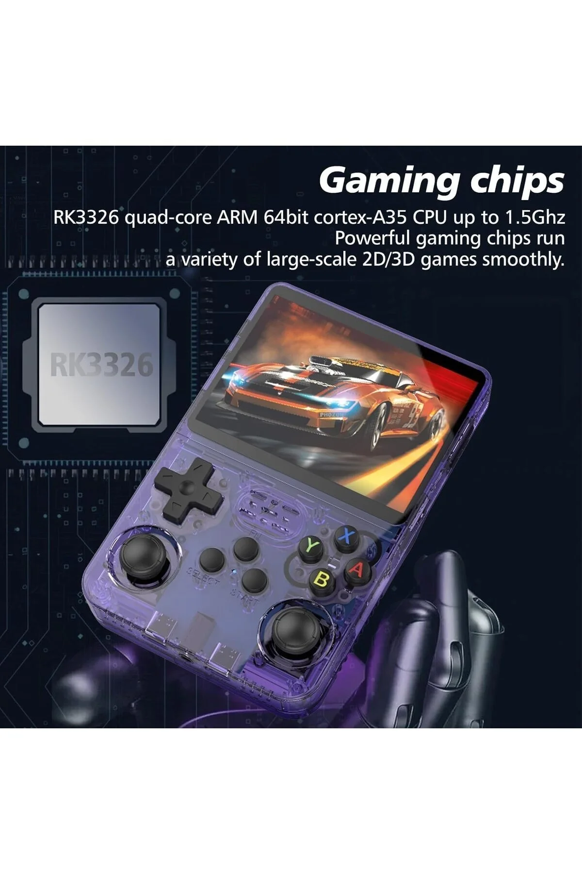 El tipi retro oyun konsolu Linux işletim sistemi 64 GB hafıza 15000 oyun IPS ekran mor Bluetooth