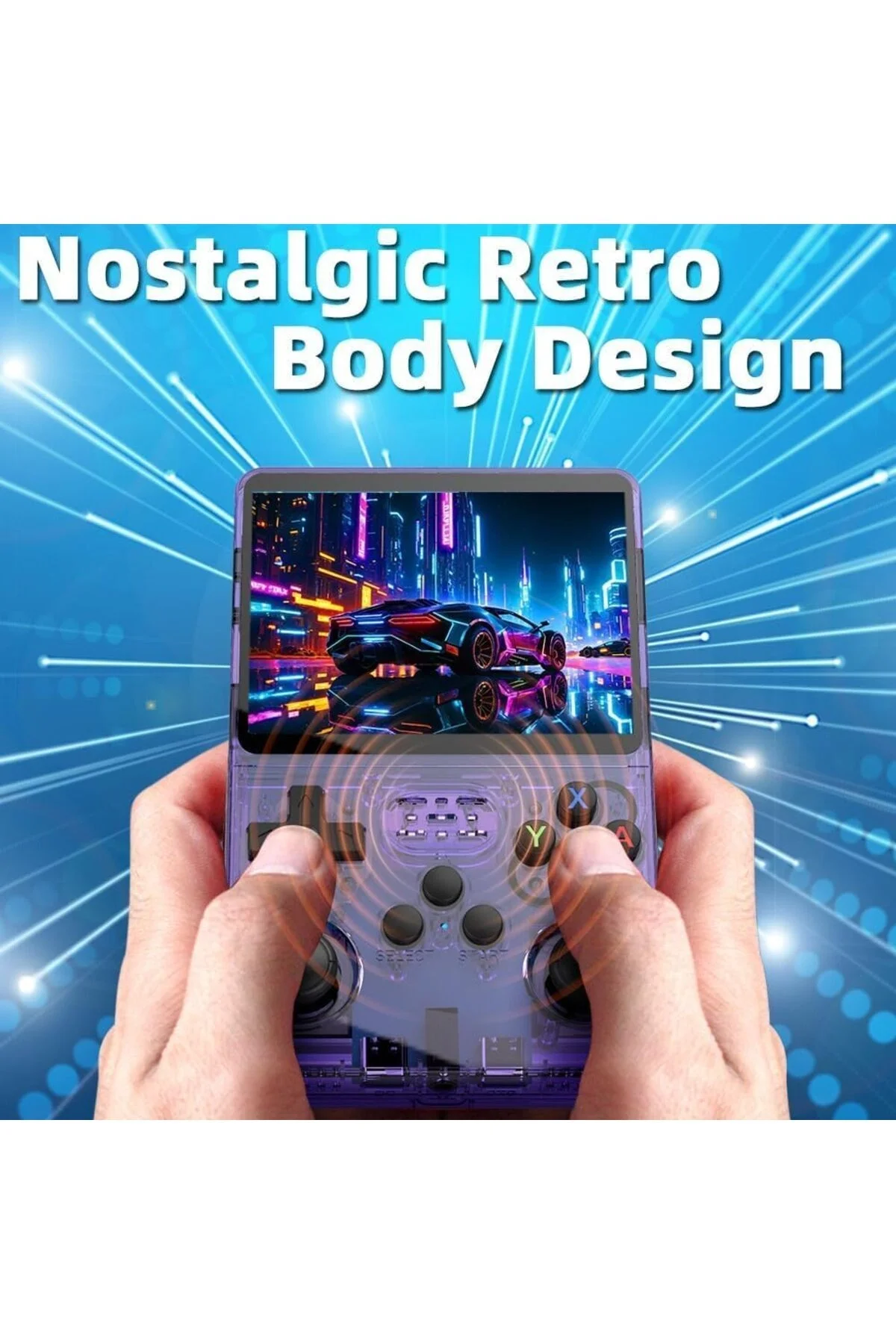 El tipi retro oyun konsolu Linux işletim sistemi 64 GB hafıza 15000 oyun IPS ekran mor Bluetooth