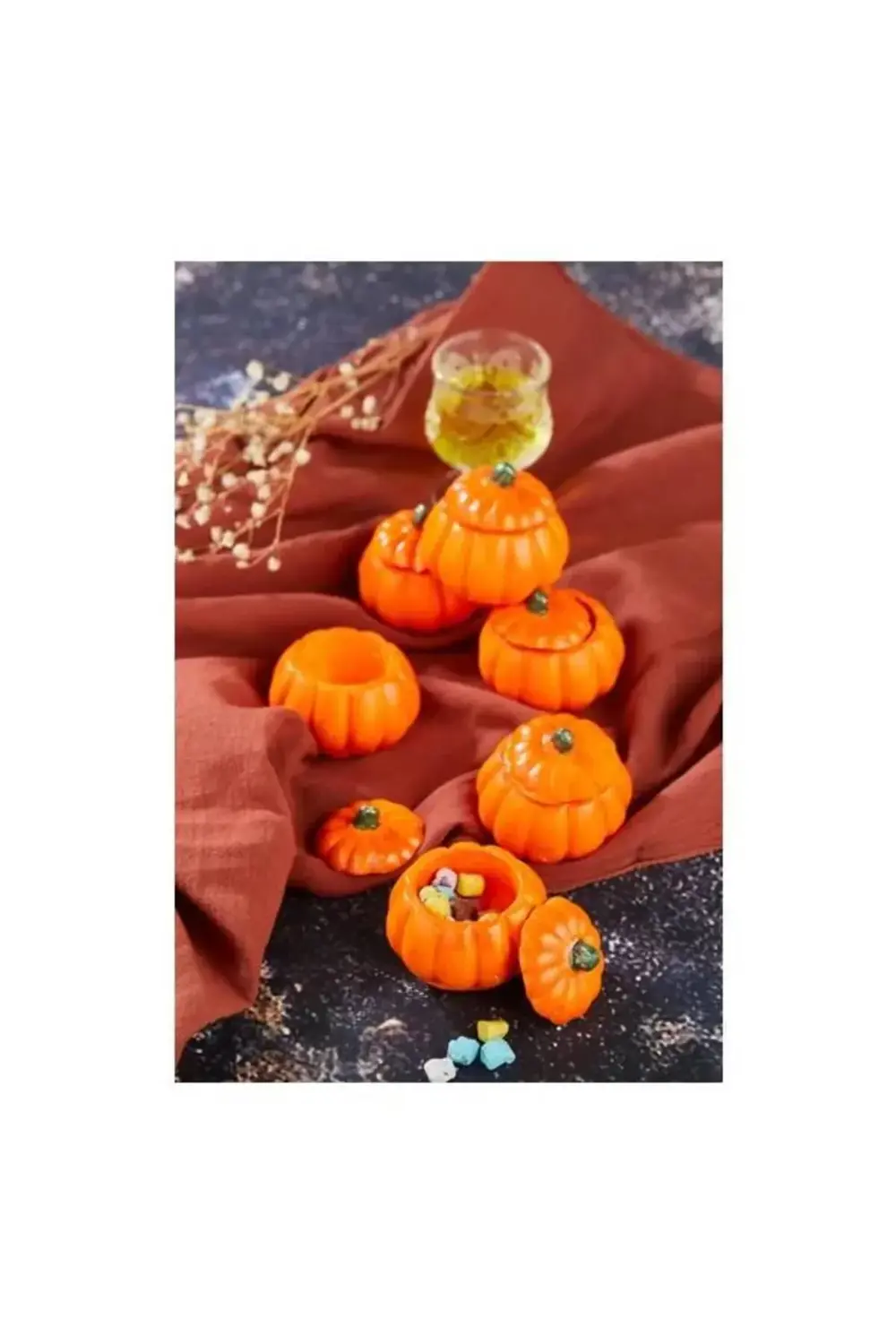 El Yapımı 6'lı Turuncu Mini Kabak Tasarımlı Kapaklı Lokumluk, Dra