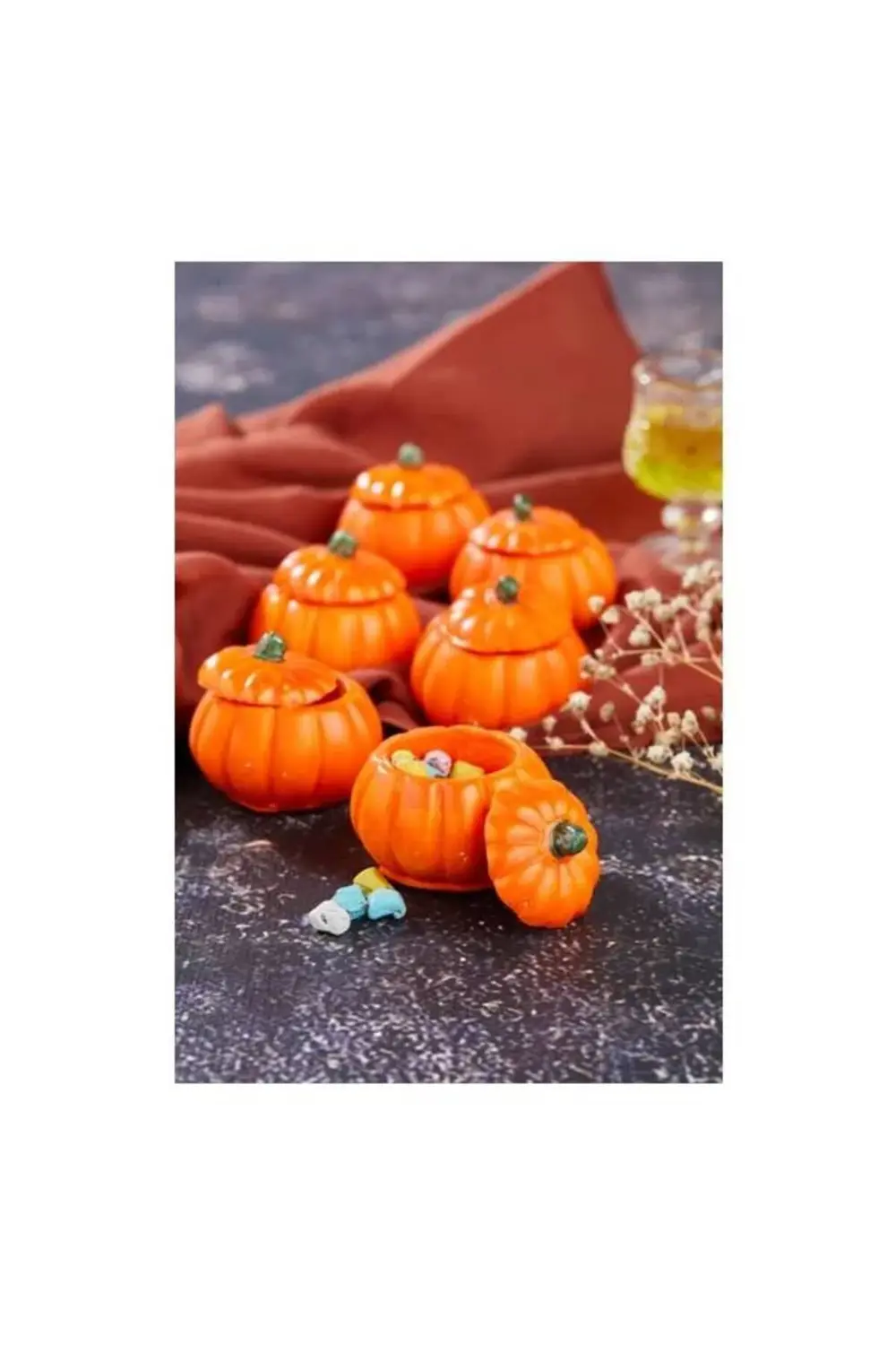 El Yapımı 6'lı Turuncu Mini Kabak Tasarımlı Kapaklı Lokumluk, Dra