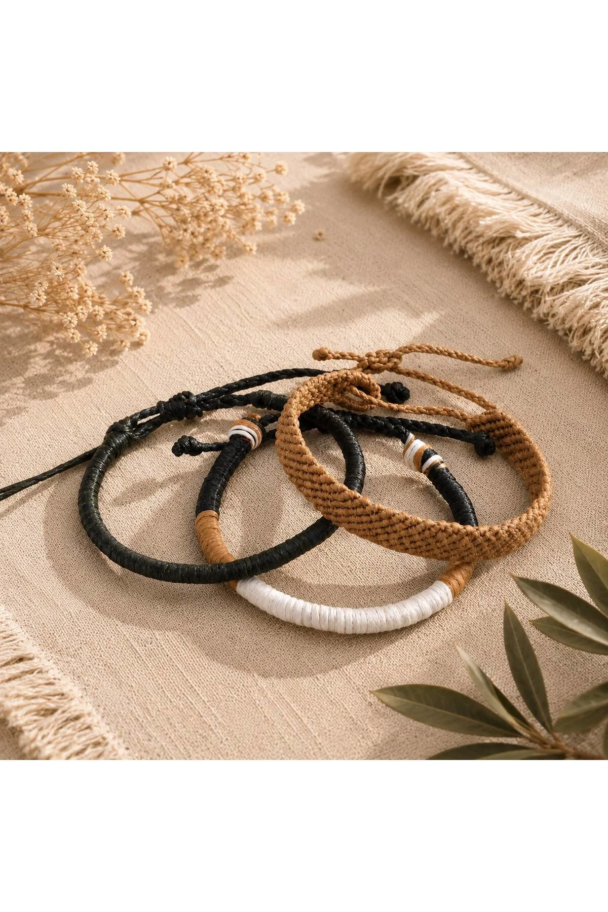 El Yapımı Bohem Unisex 3'lü Bileklik Seti – Koyu Zeytin Yeşili & Taba