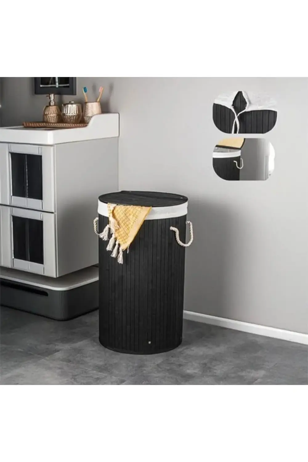 El Yapımı Hasır Katlanır Çamaşır Sepeti Yuvarlak 55 Litre (35cm*3