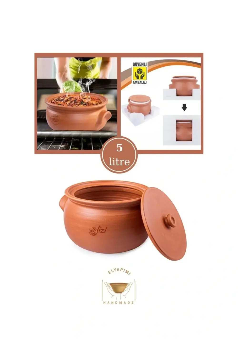 El Yapımı Kapaklı Toprak Güveç Tencere Orta Boy Astarlı 5 Litre (
