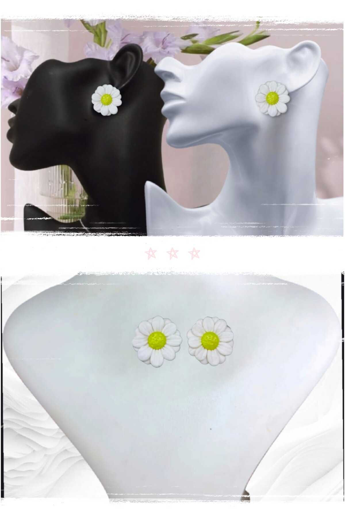 El Yapımı Papatya Polimer Kil Tasarım Küpe