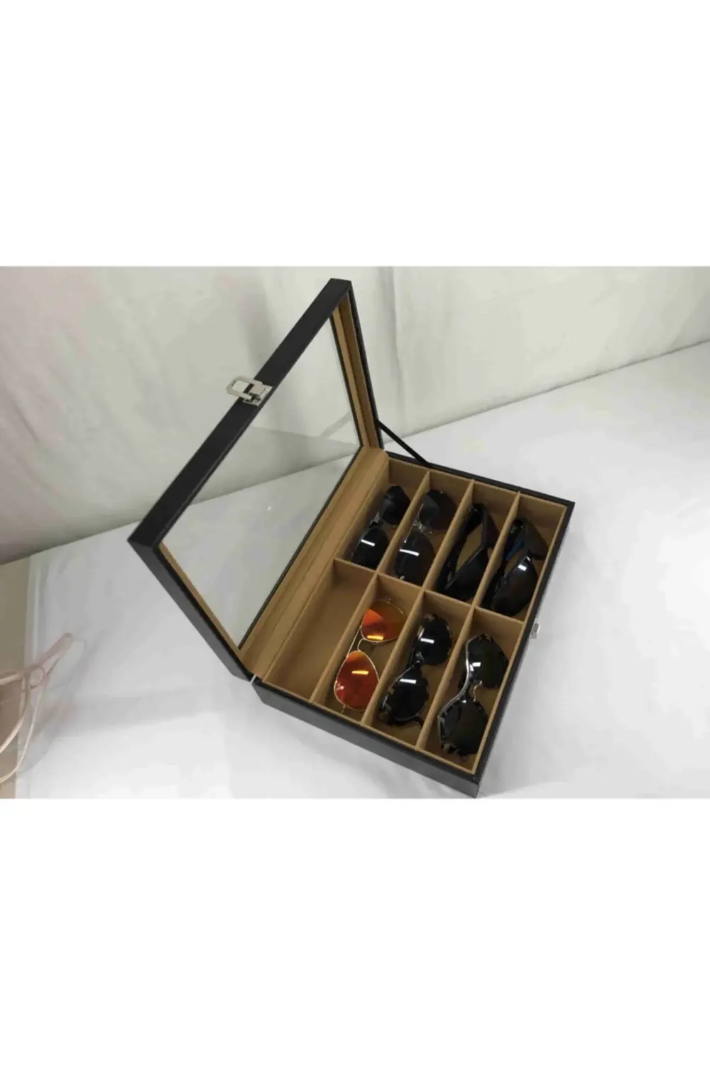 El Yapımı Siyah Deri Kaplı 8 Gözlük Alan Güneş Gözlüğü Saklama Ku