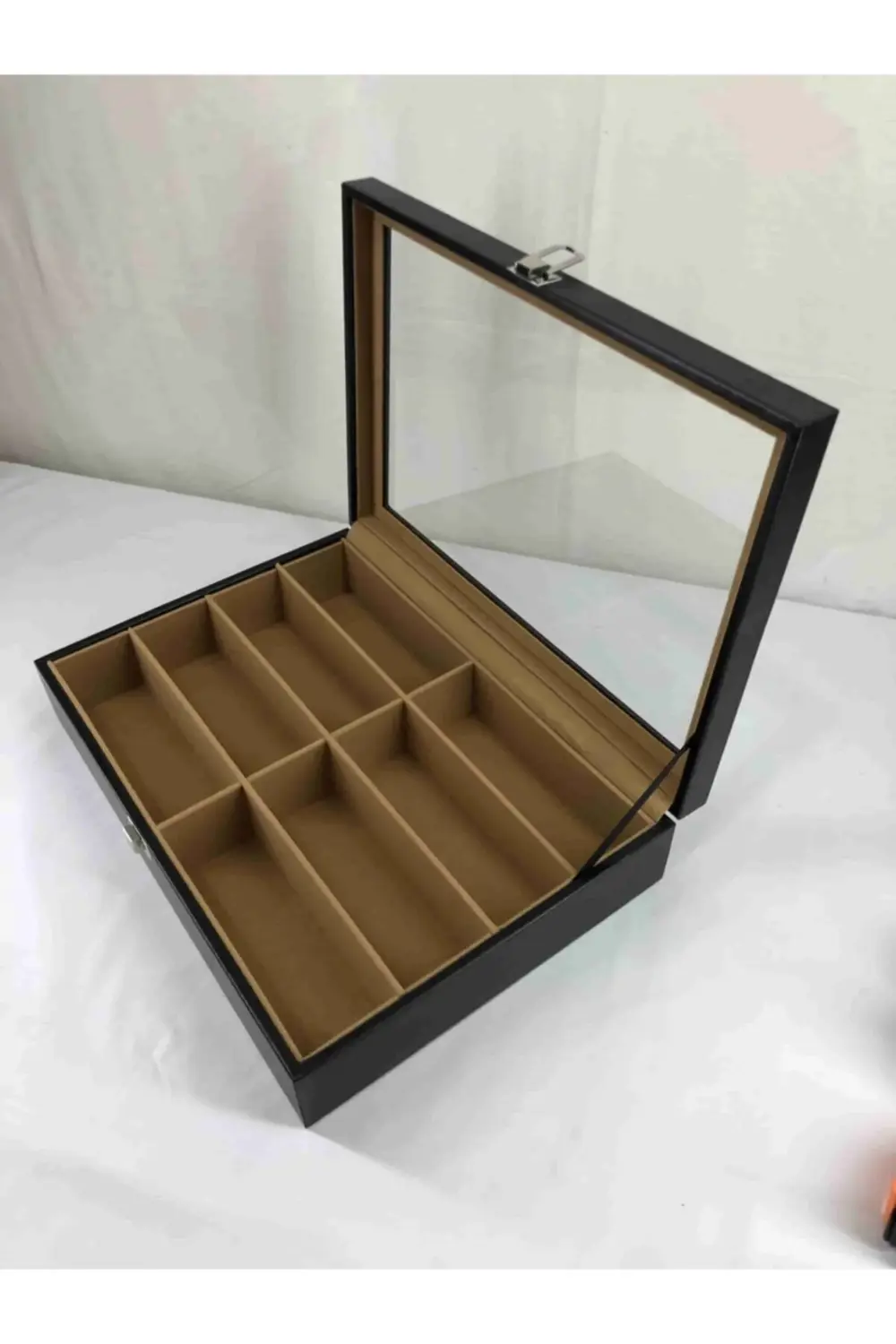 El Yapımı Siyah Deri Kaplı 8 Gözlük Alan Güneş Gözlüğü Saklama Ku