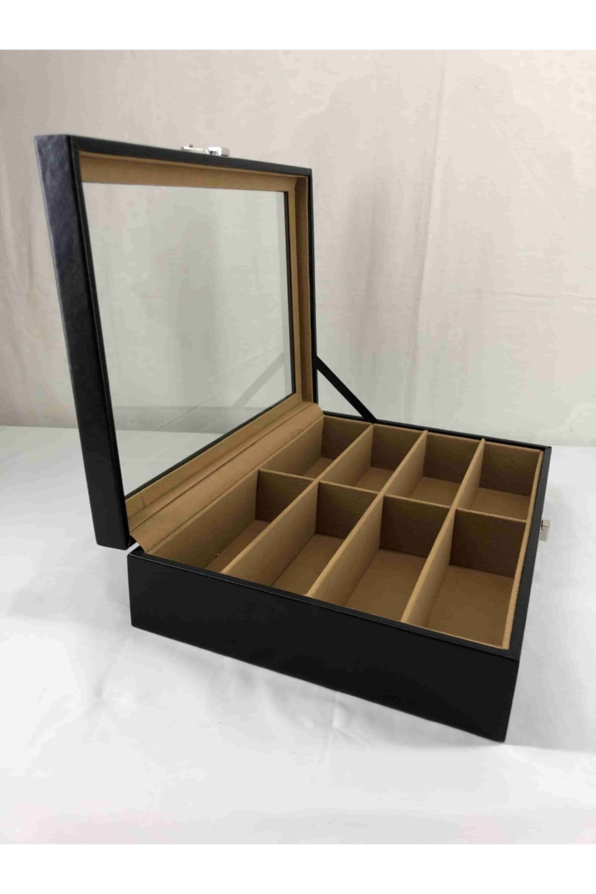 El Yapımı Siyah Deri Kaplı 8 Gözlük Alan Güneş Gözlüğü Saklama Ku