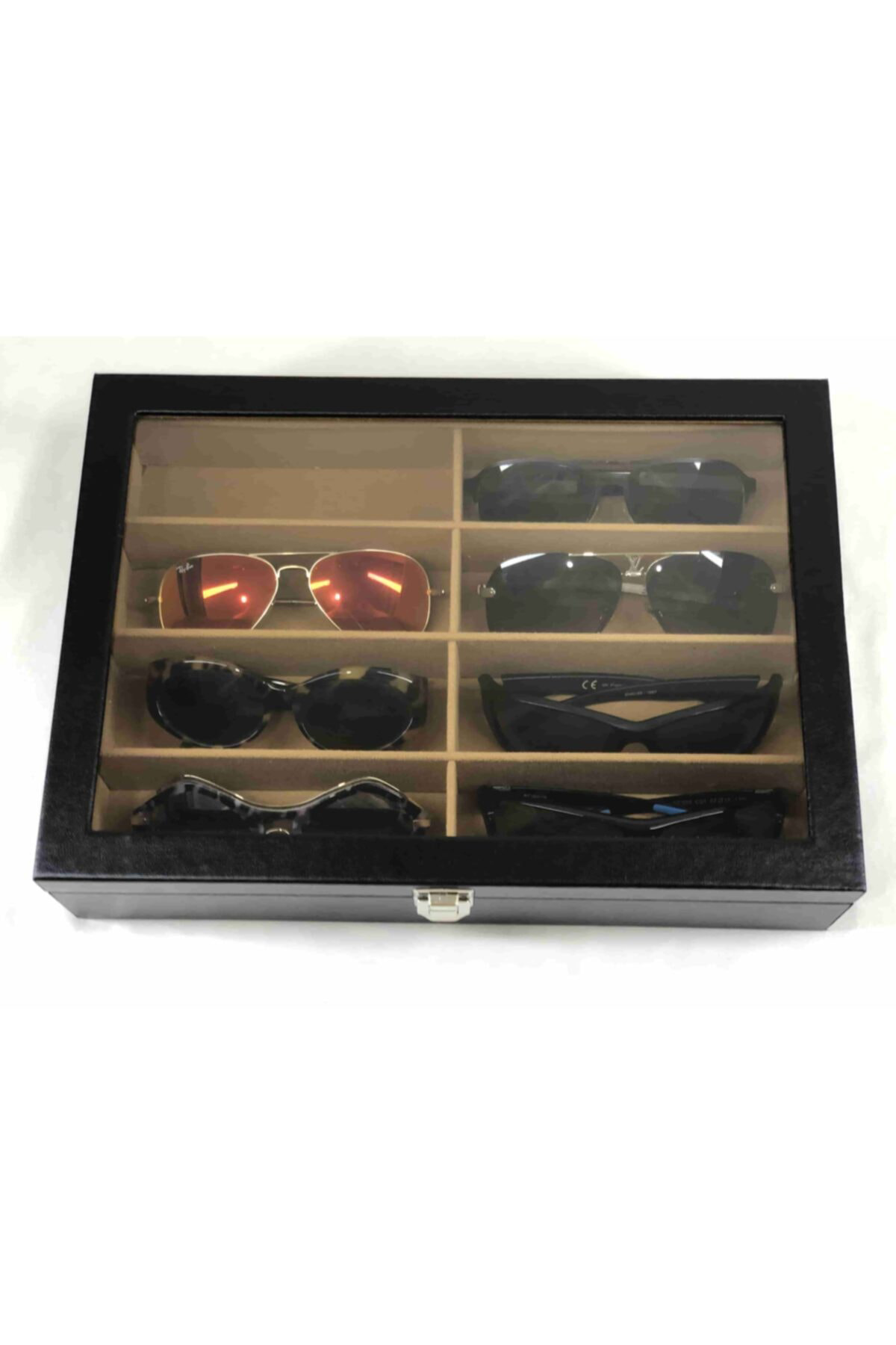 El Yapımı Siyah Deri Kaplı 8 Gözlük Alan Güneş Gözlüğü Saklama Ku