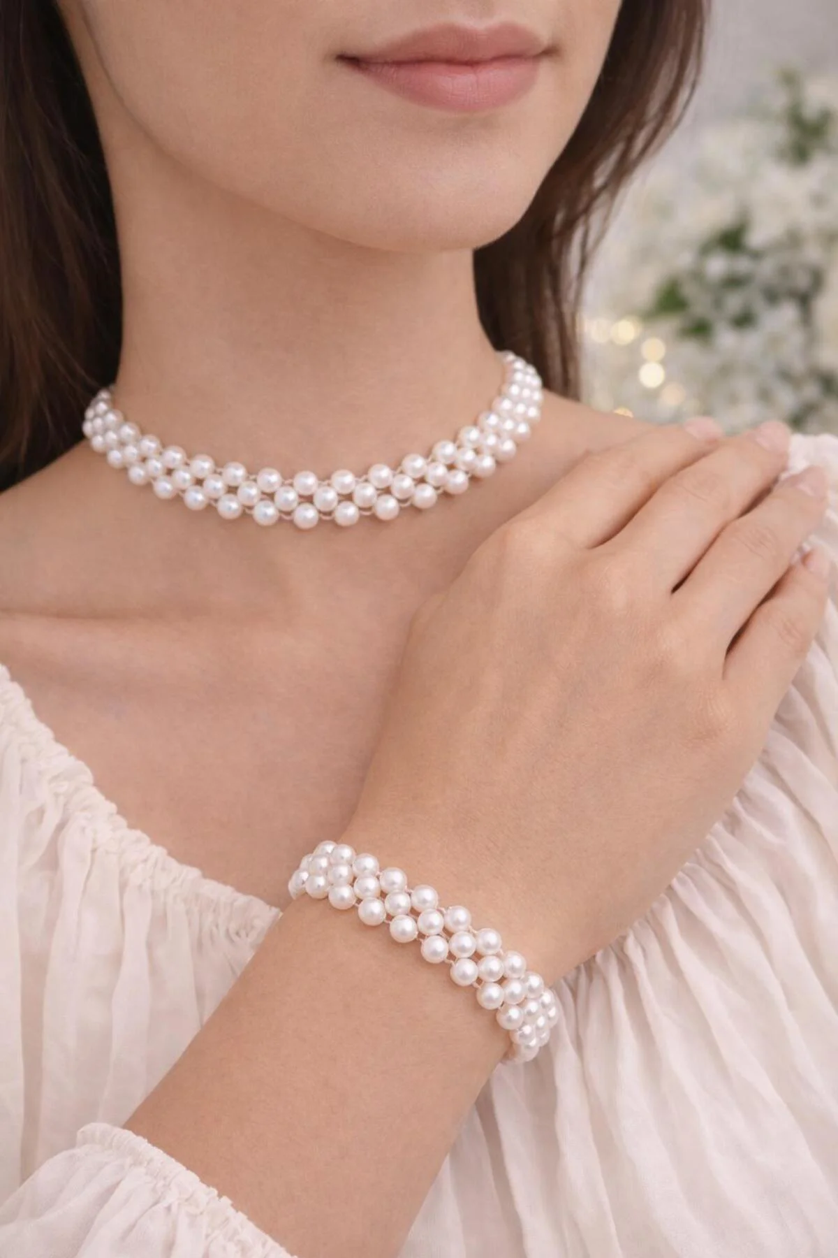 el yapımı zarif inci boncuk choker tasma şeklinde kolye bileklik 