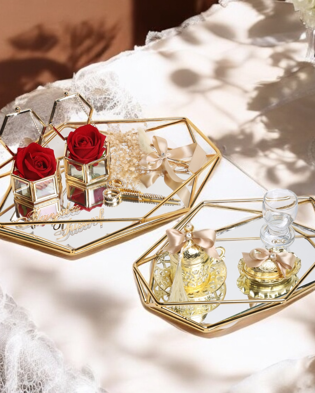 Elation Gold Prizma Söz Nişan Tepsisi ve Damat Kahve Fincan Tepsi