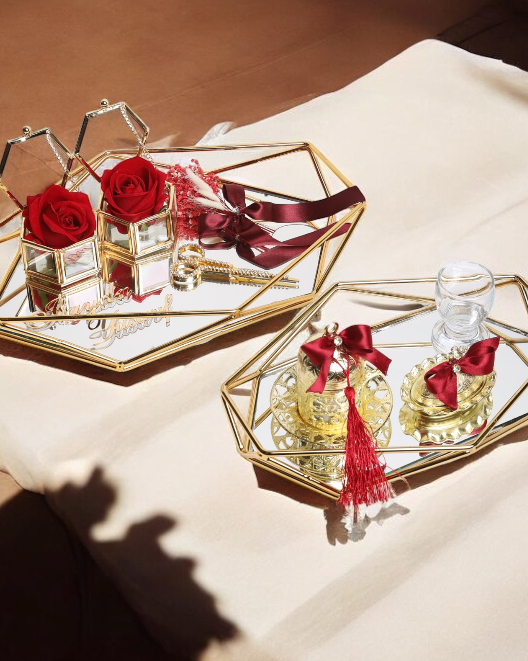 Elation Gold Prizma Söz Nişan Tepsisi ve Damat Kahve Fincan Tepsi