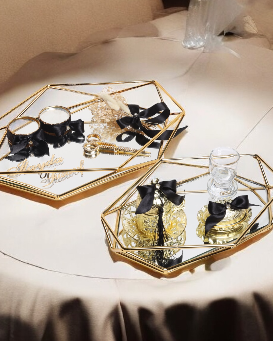 Cyzhome Elation Gold Prizma Söz Nişan Tepsisi Ve Damat Kahve Fincan Tepsi
