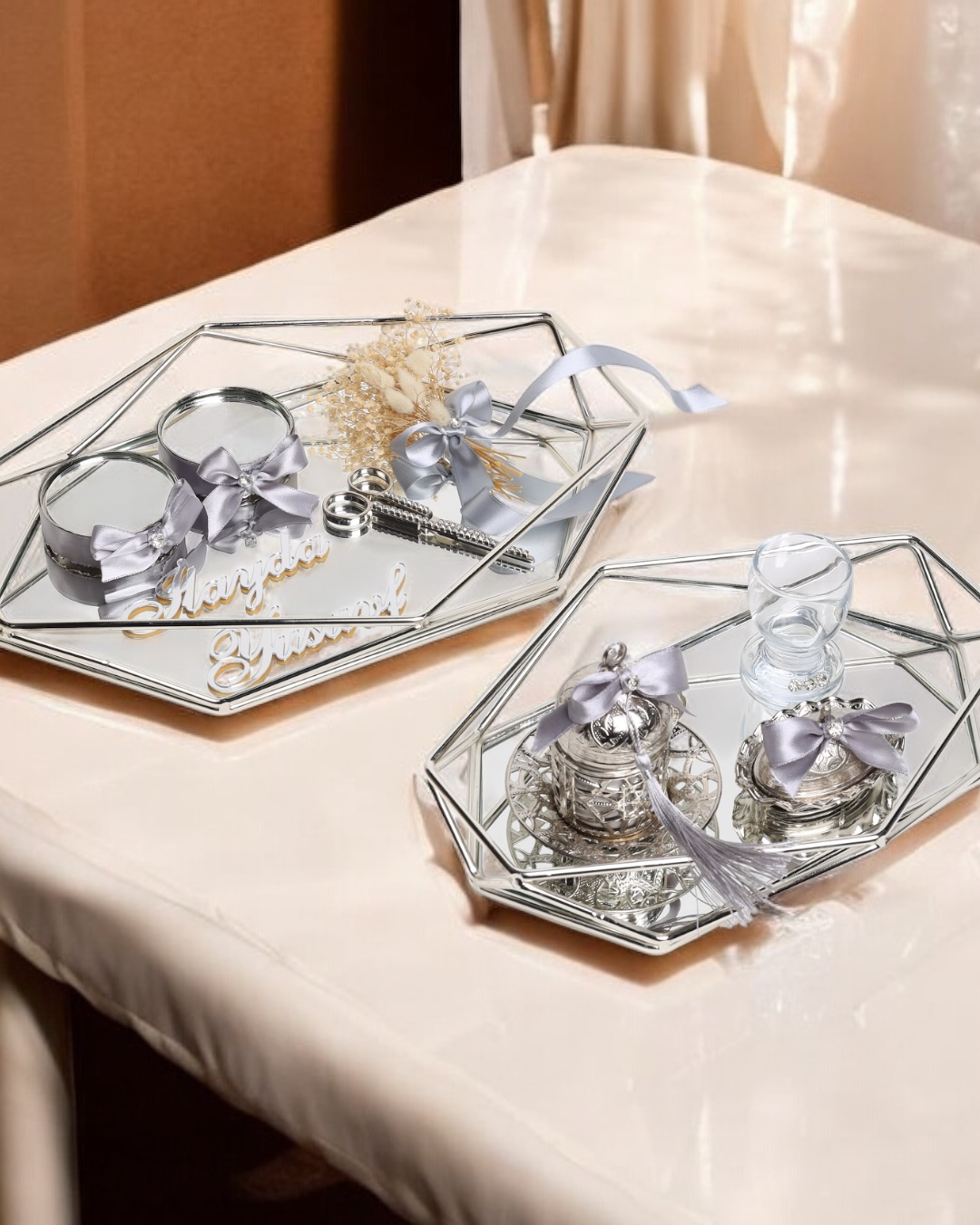 Elation Gümüş Prizma Söz Nişan Tepsisi ve Damat Kahve Fincan Teps