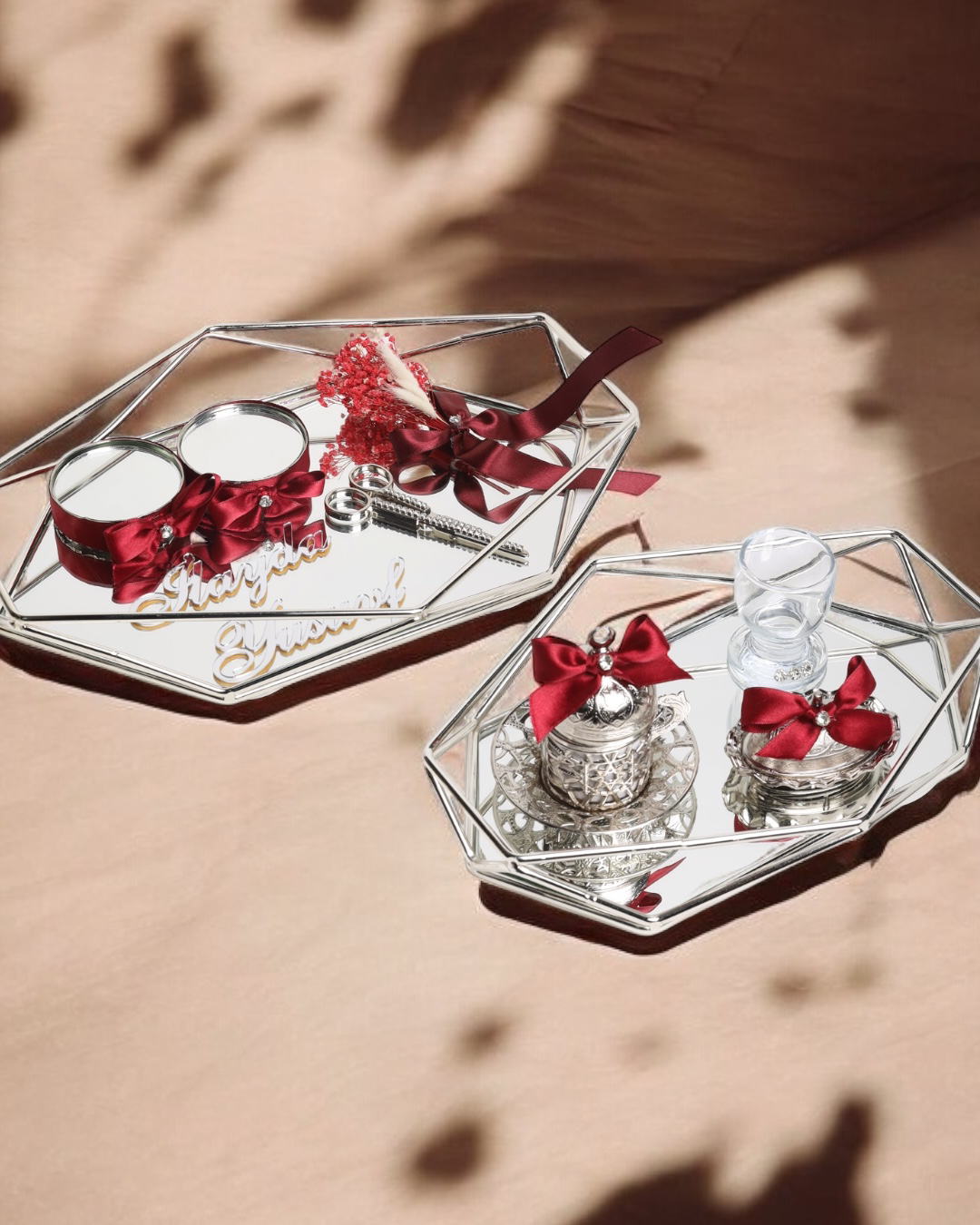 Elation Gümüş Prizma Söz Nişan Tepsisi ve Damat Kahve Fincan Teps