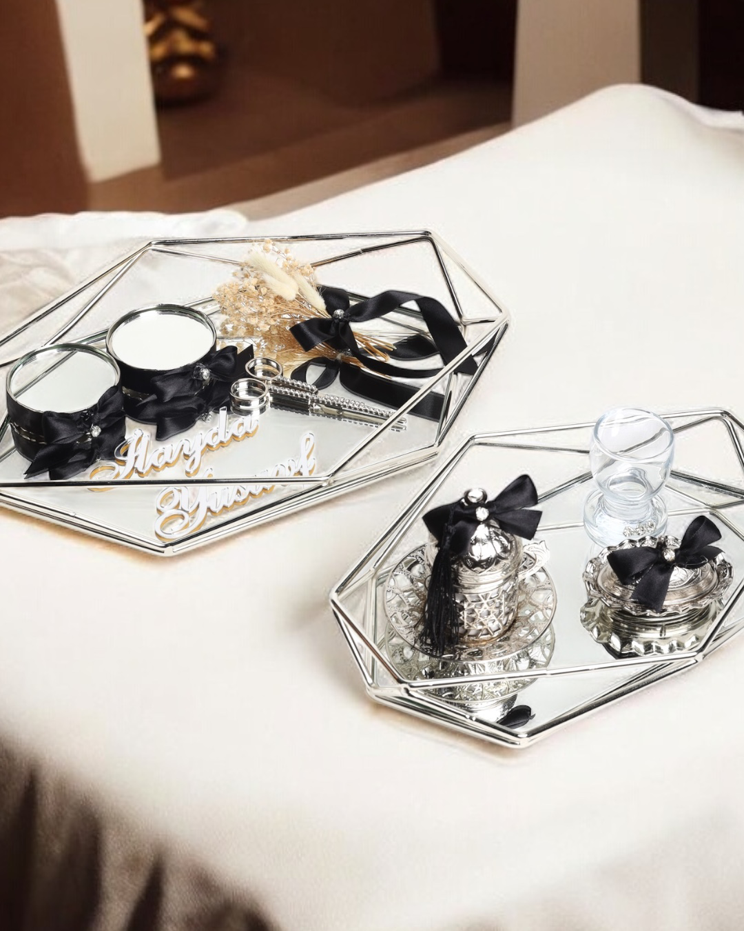 Elation Gümüş Prizma Söz Nişan Tepsisi ve Damat Kahve Fincan Teps