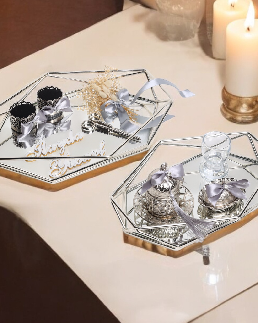 Elation Gümüş Prizma Söz Nişan Tepsisi ve Damat Kahve Fincan Teps