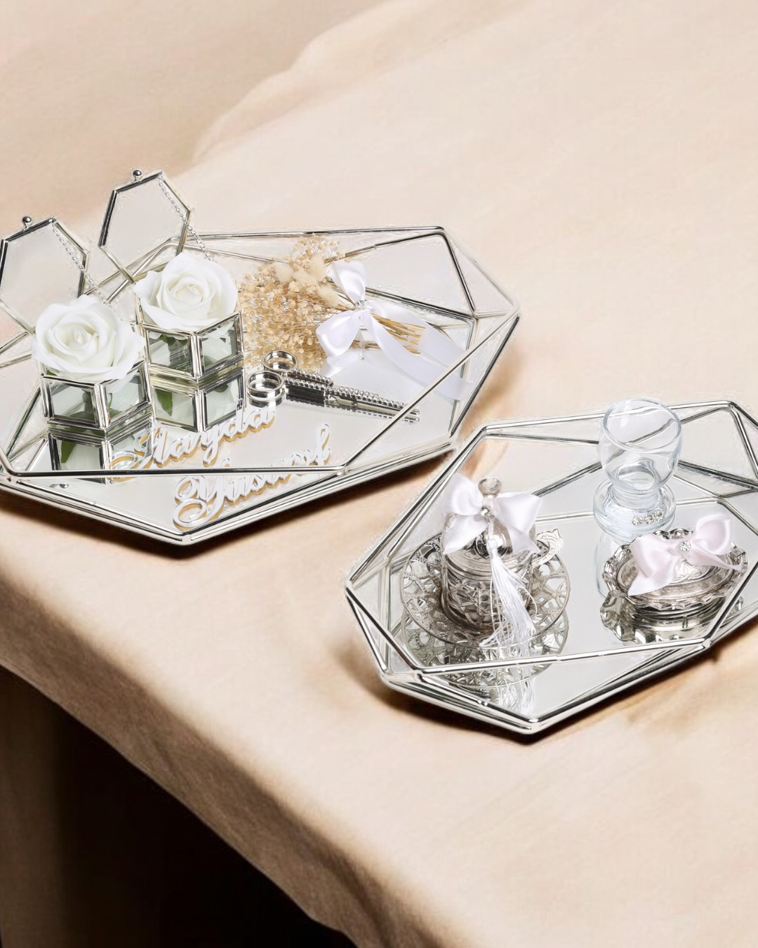  Elation Gümüş Prizma Söz Nişan Tepsisi ve Damat Kahve Fincan Tep