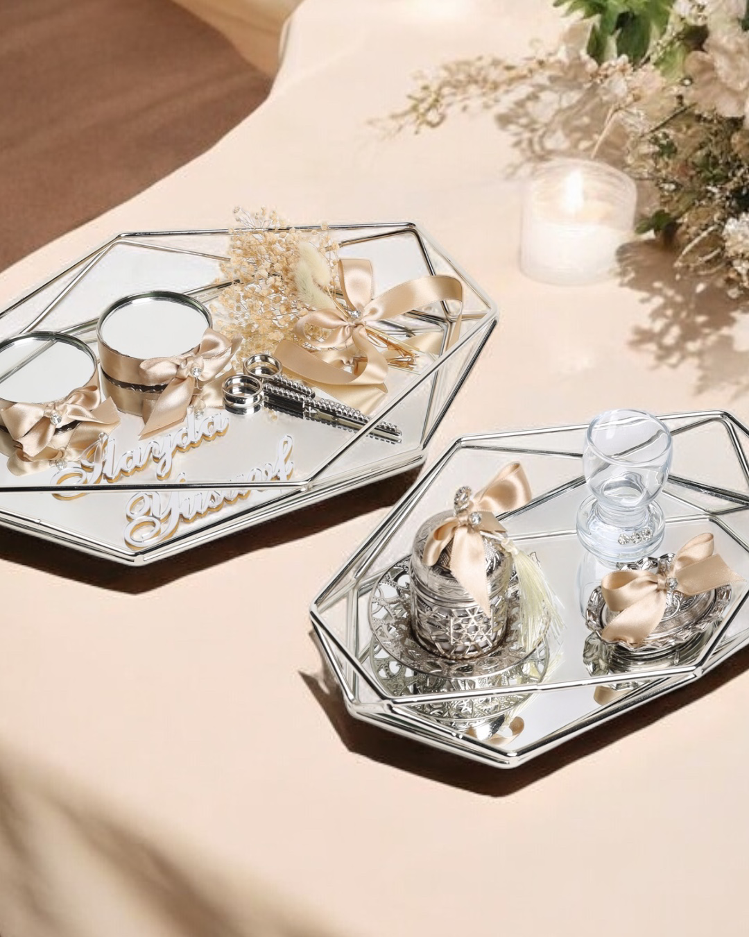 Elation Gümüş Prizma Söz Nişan Tepsisi ve Damat Kahve Fincan Teps