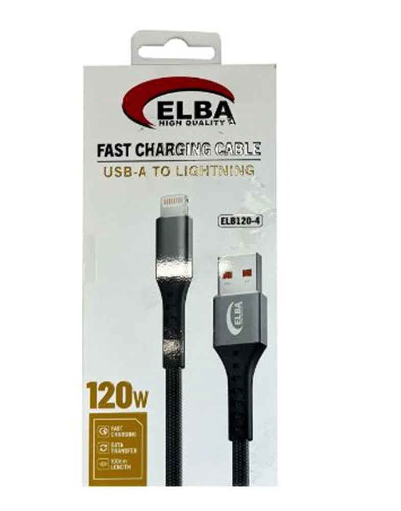 Elba Elb120-4 120w   Lightning To Usb 1Mt Siyah Örgülü  Şarj Kabl